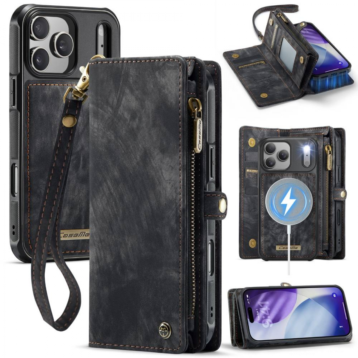 Eine schwarze Leder-Handyhülle mit Reißverschluss, Riemen und Kartenfächern. Mehrere Ansichten zeigen die Hülle offen und geschlossen, mit und ohne Telefon.