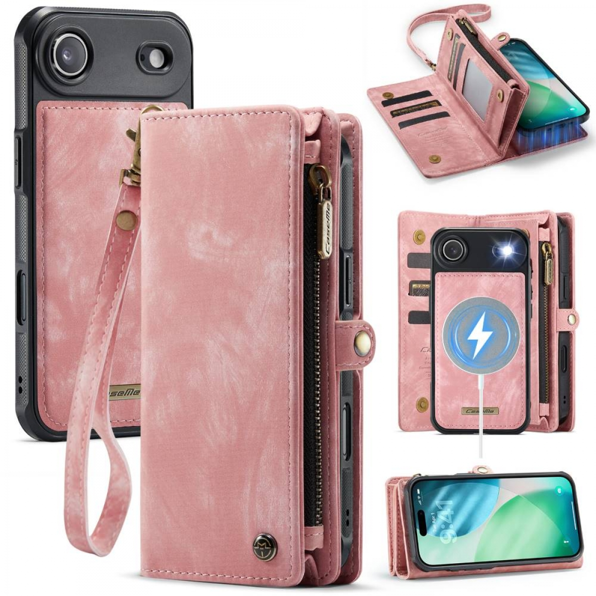 Rosa Leder-Handyhülle mit mehreren Ansichten. Enthält ein Telefon, eine Brieftasche und ein Ladepad. Die Hülle hat einen Riemen und einen Reißverschluss.