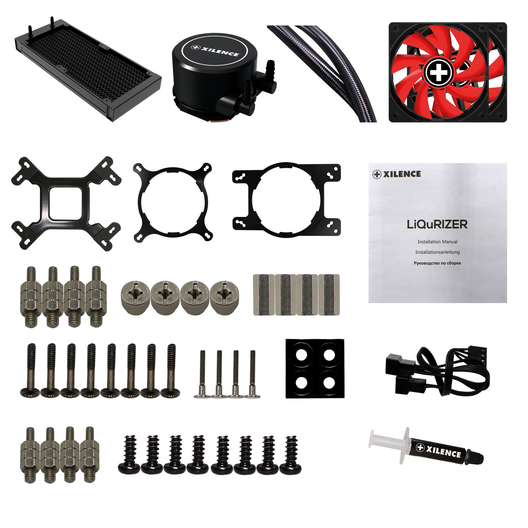 Komponenten eines PC-Wasserkühlungs-Kits. Enthält Kühler, Pumpe, Lüfter, Halterungen, Schrauben und Wärmeleitpaste.