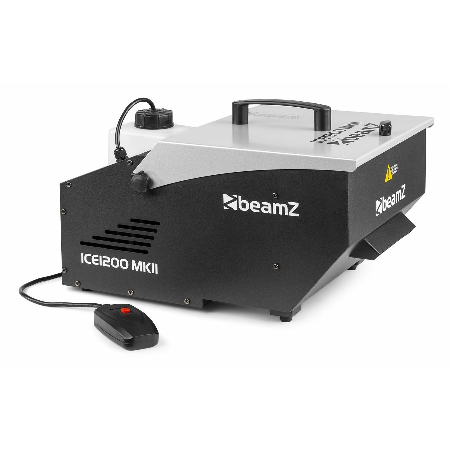 Una máquina de niebla Beamz ICE1200 MKII negra y plateada, con mando a distancia, asa y un depósito de líquido blanco.