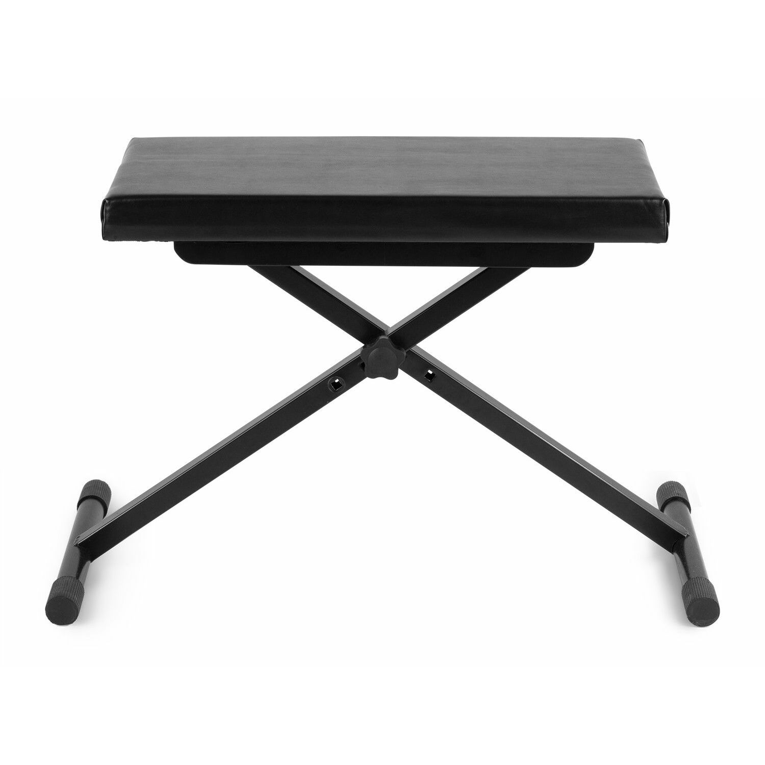 Banco de piano negro con asiento acolchado. Las patas son negras, plegables y se cruzan.
