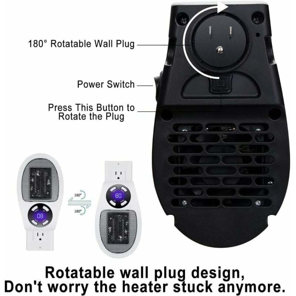 Das Bild zeigt einen drehbaren Wandstecker-Heizkörper. Zu den Merkmalen gehören ein Netzschalter, ein drehbarer Stecker und eine Digitalanzeige.