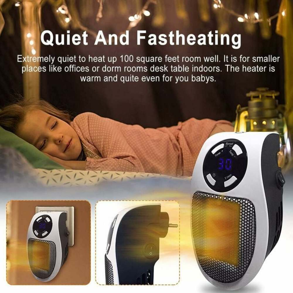 Ein Mädchen schläft in der Nähe eines kleinen Heizgeräts. Das Heizgerät ist weiß und schwarz mit Digitalanzeige. Der Text lautet „Quiet And Fastheating“.