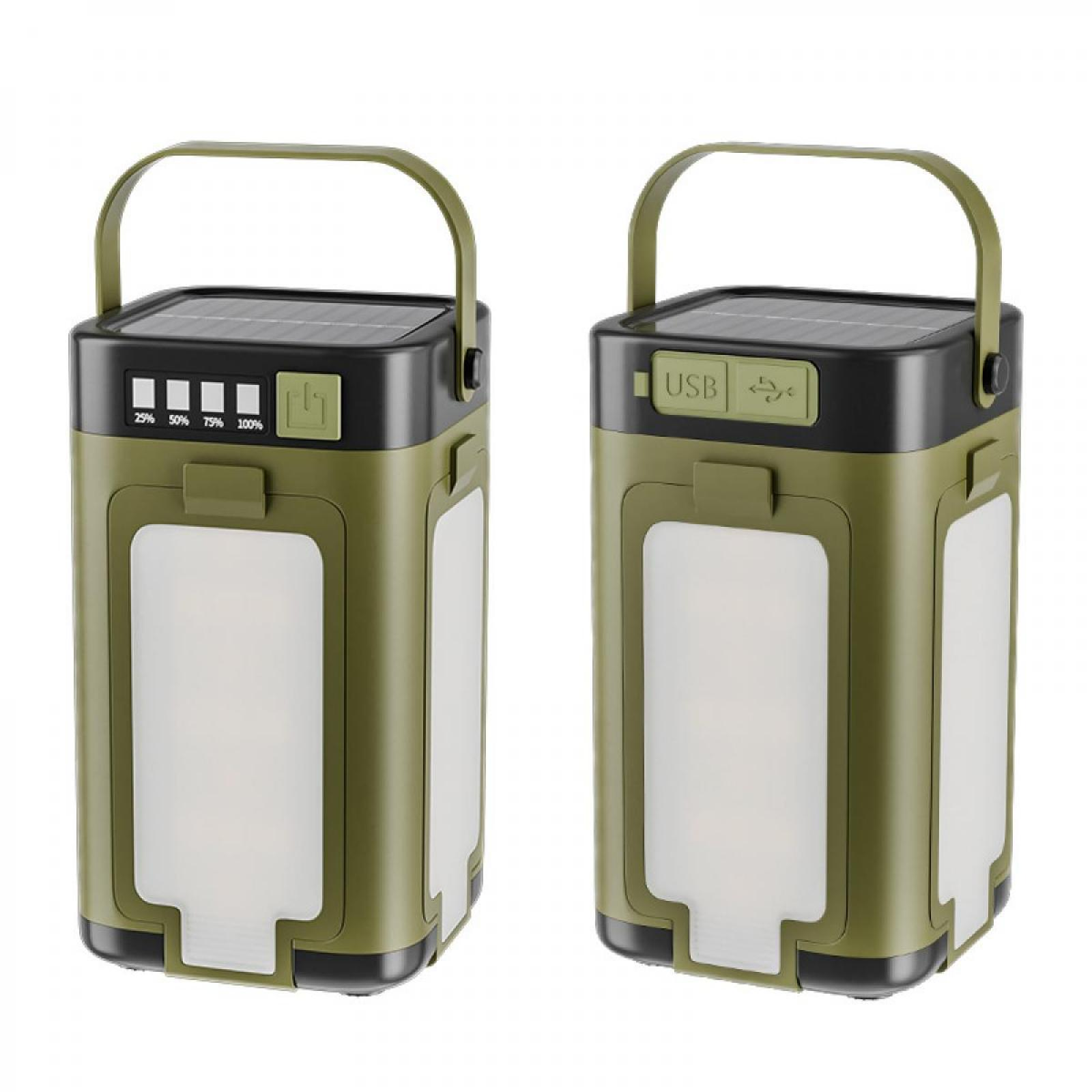 Zwei olivgrüne Solar-Laternen mit Griffen. Eine zeigt einen Power-Button und Akku-Anzeigen. Die andere hat einen USB-Anschluss.