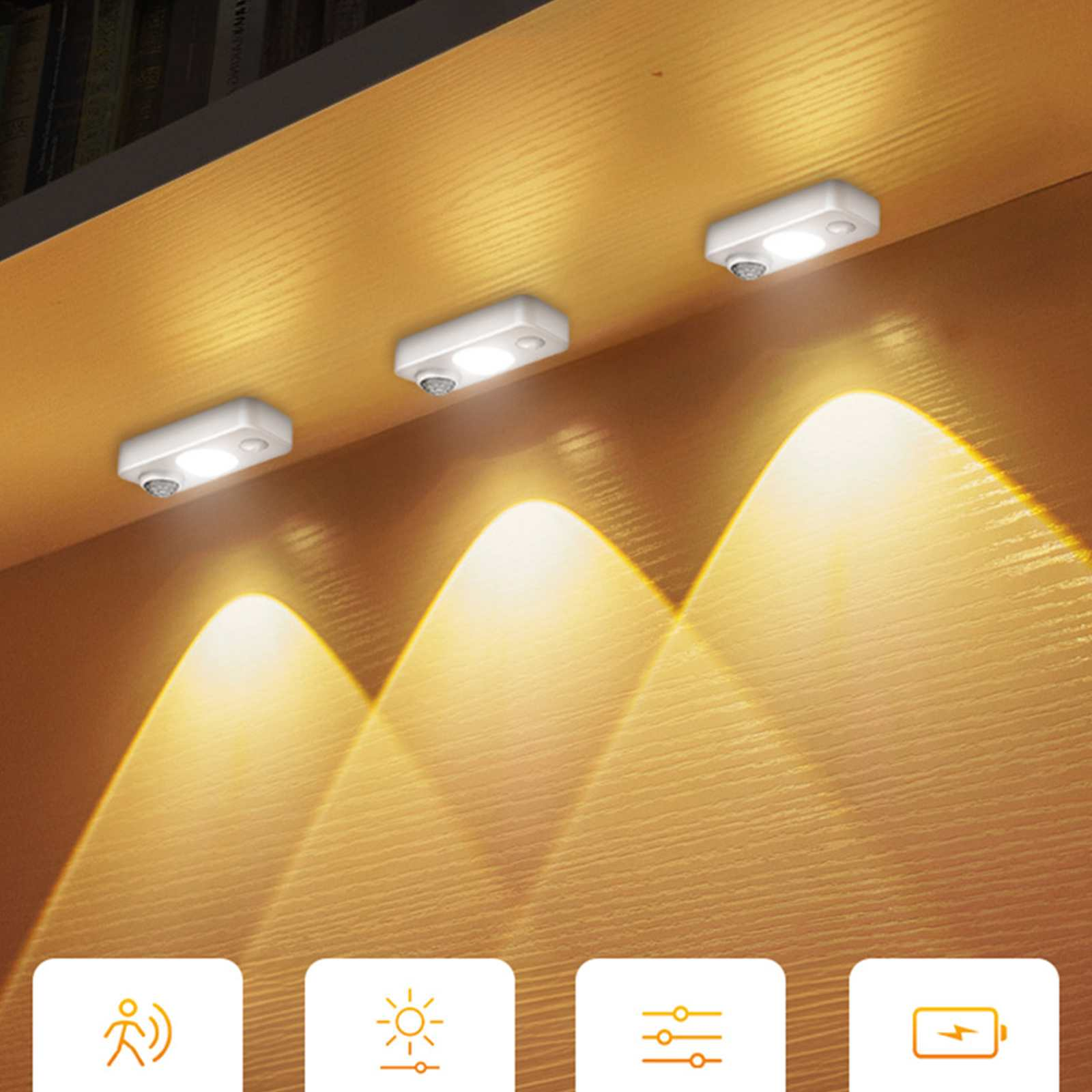 Drei kleine weiße LED-Leuchten sind unter einem Holzregal montiert und werfen Licht nach unten. Symbole für Einstellungen befinden sich unten.