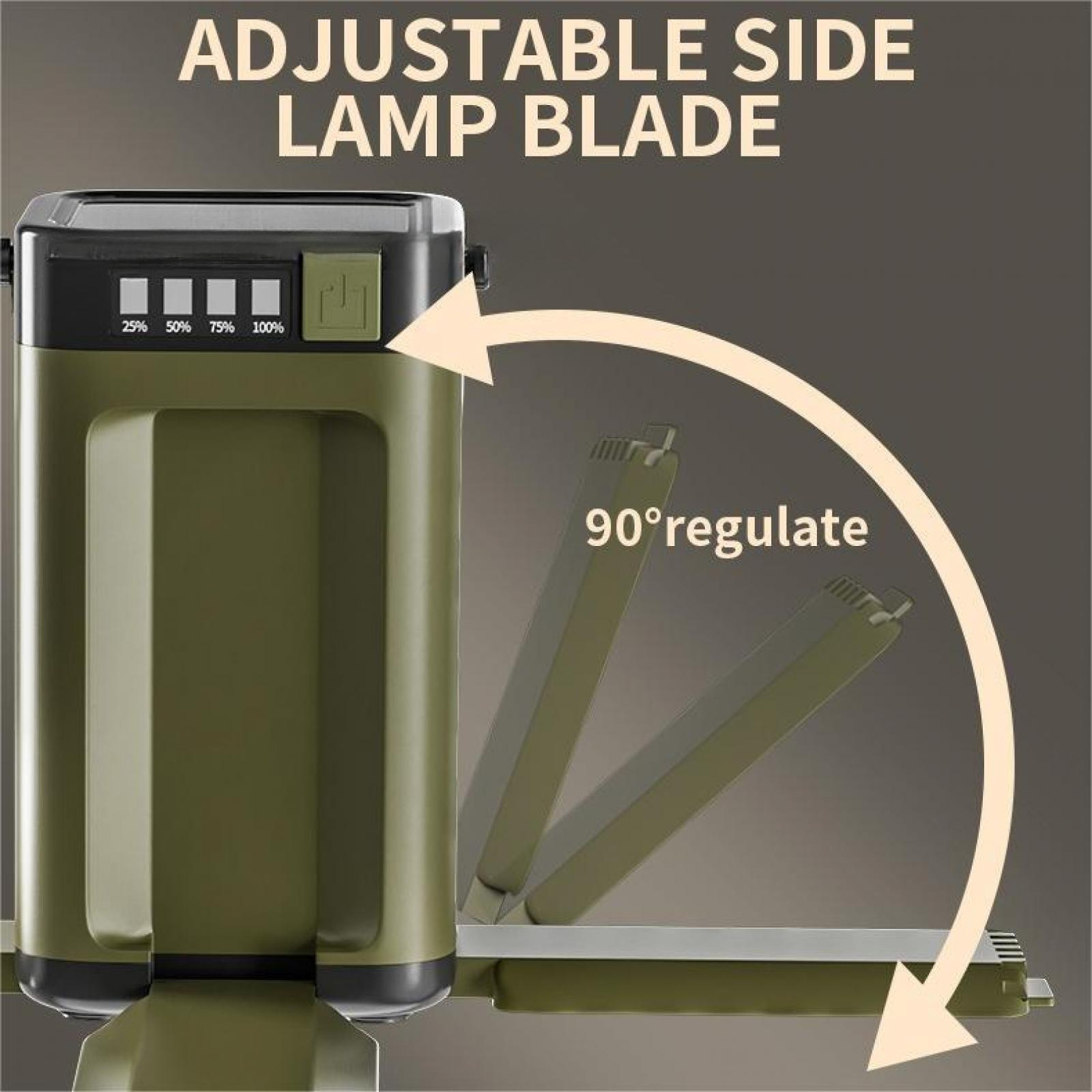 Eine olivgrüne Lampe mit verstellbaren Seitenblättern. Sie hat eine Batteriestandsanzeige und einen Ein-/Ausschalter. Die Blätter regulieren 90 Grad.
