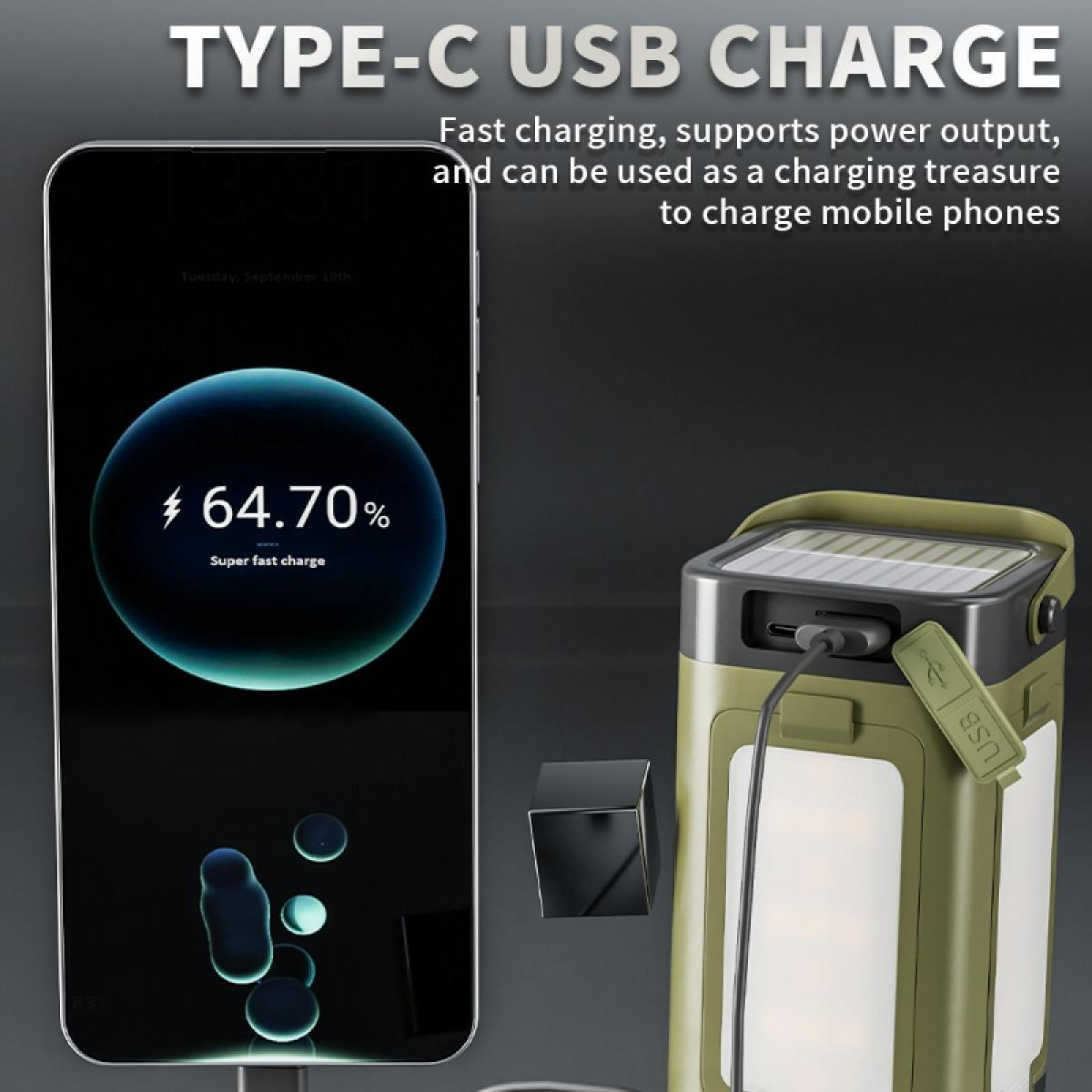 Ein Telefon zeigt 64,70 % Aufladung an. Daneben befindet sich ein grünes Ladegerät mit eingestecktem USB-Kabel.