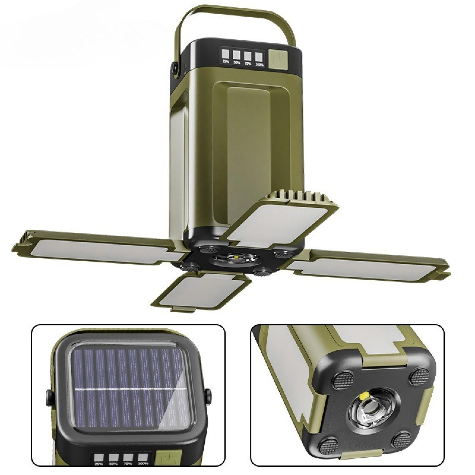 Olivgrüne tragbare Leuchte mit ausziehbaren Paneelen. Hat einen Griff und ein Solarpanel. Zeigt den Stromverbrauch an.