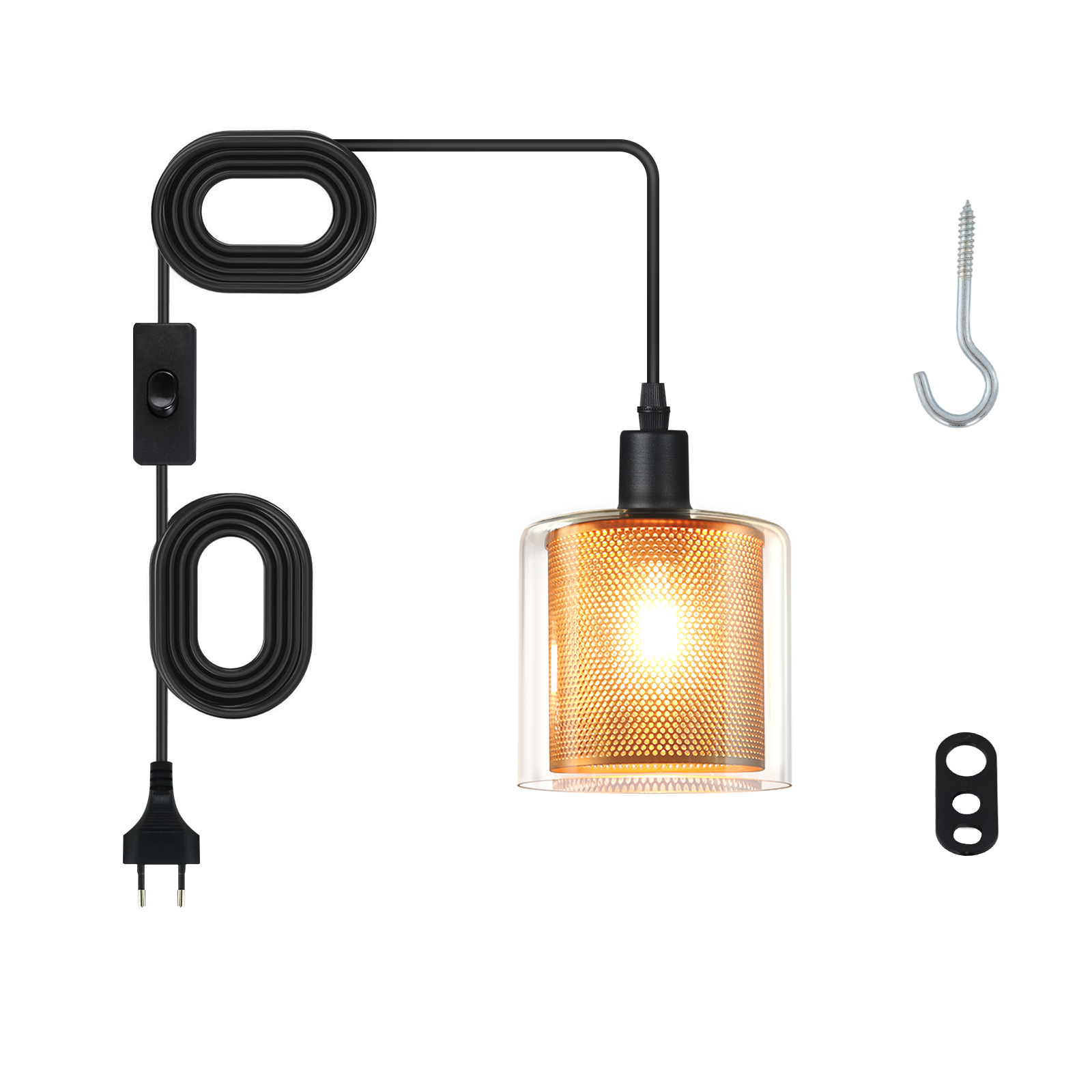 Una lampada a sospensione con cavo, interruttore e spina neri. Sono presenti anche un gancio e una base nera. La lampada ha un paralume in vetro.