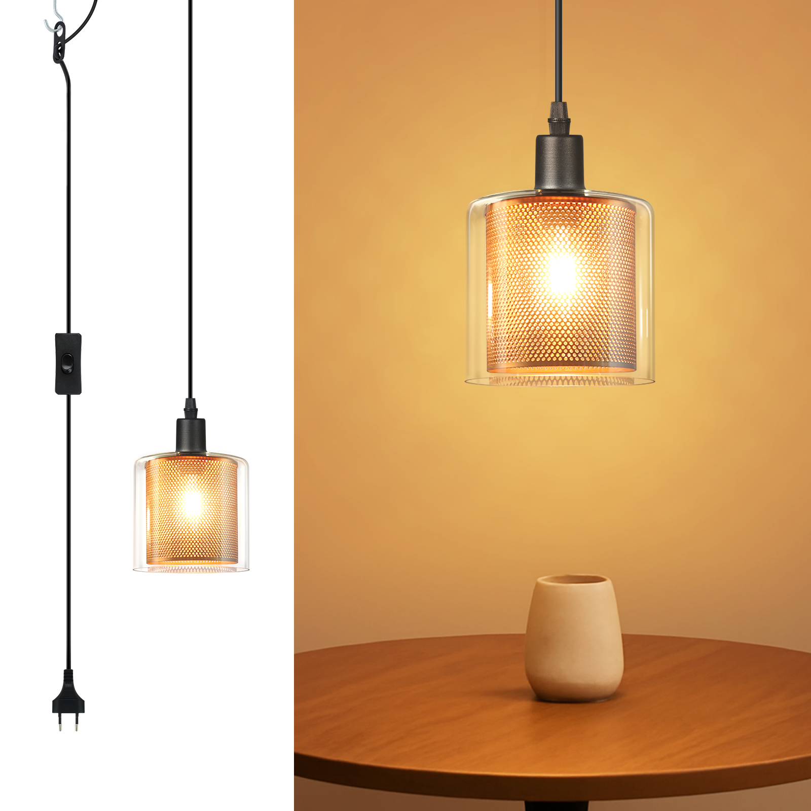 Eine Hängelampe mit Metallgitter-Schirm leuchtet. Auf einem Holztisch steht eine Vase. Links hängen schwarzes Kabel und Stecker.