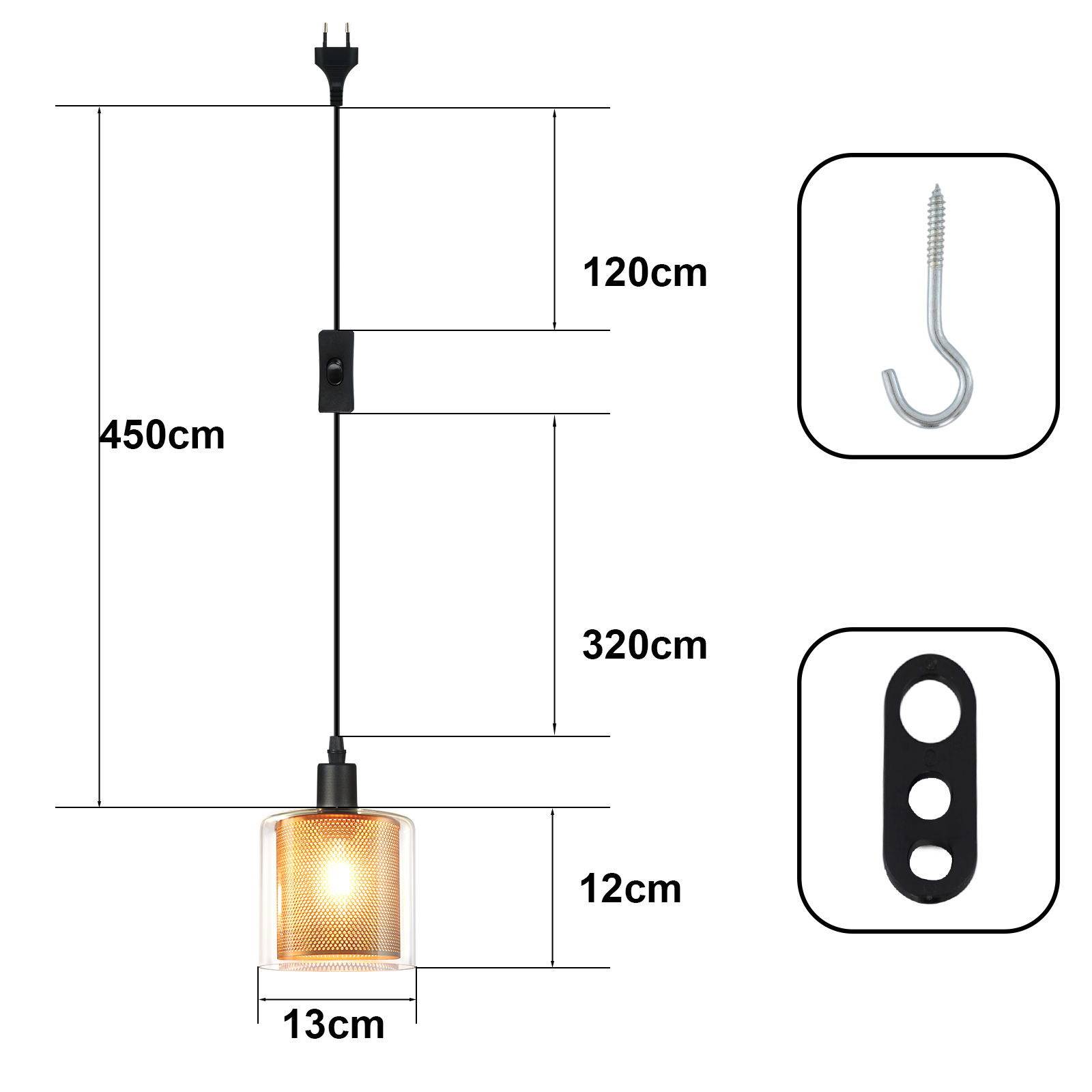 Eine Hängelampe mit Maßangaben. Enthält Stecker, Schalter und Leuchten. Außerdem ein Haken und eine Deckenhalterung.
