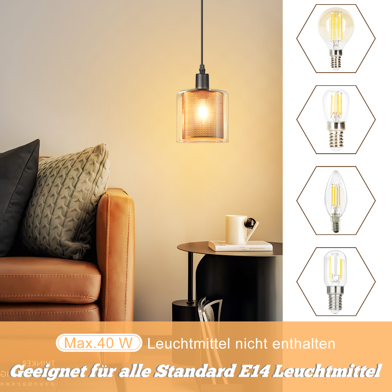 Eine Hängelampe mit Glasschirm, ein Sofa und ein kleiner Tisch. Mehrere Glühbirnen sind abgebildet. Text unten.