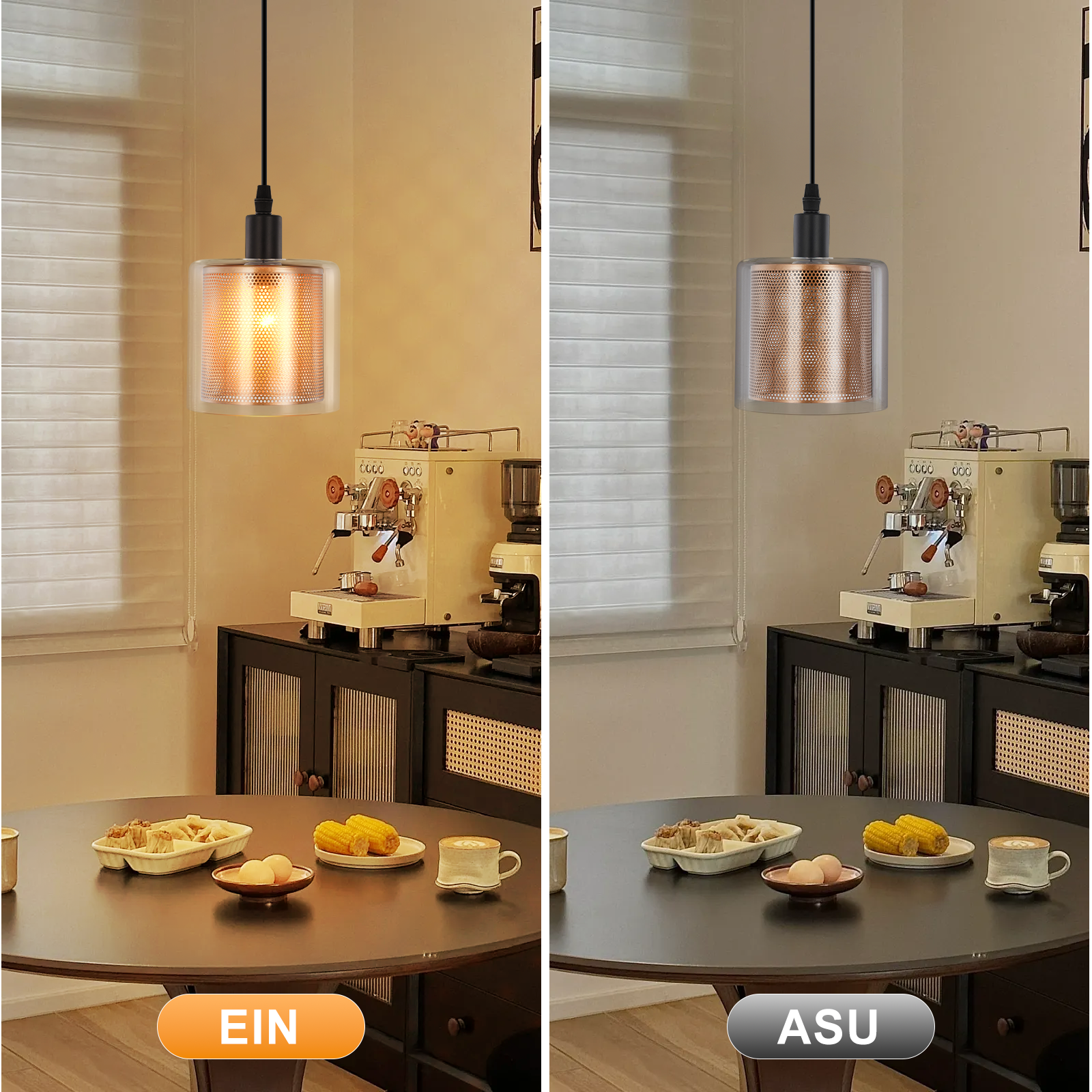 Essszene mit Pendelleuchte, Tisch mit Essen, Kaffeemaschine und Fenster mit Jalousien.