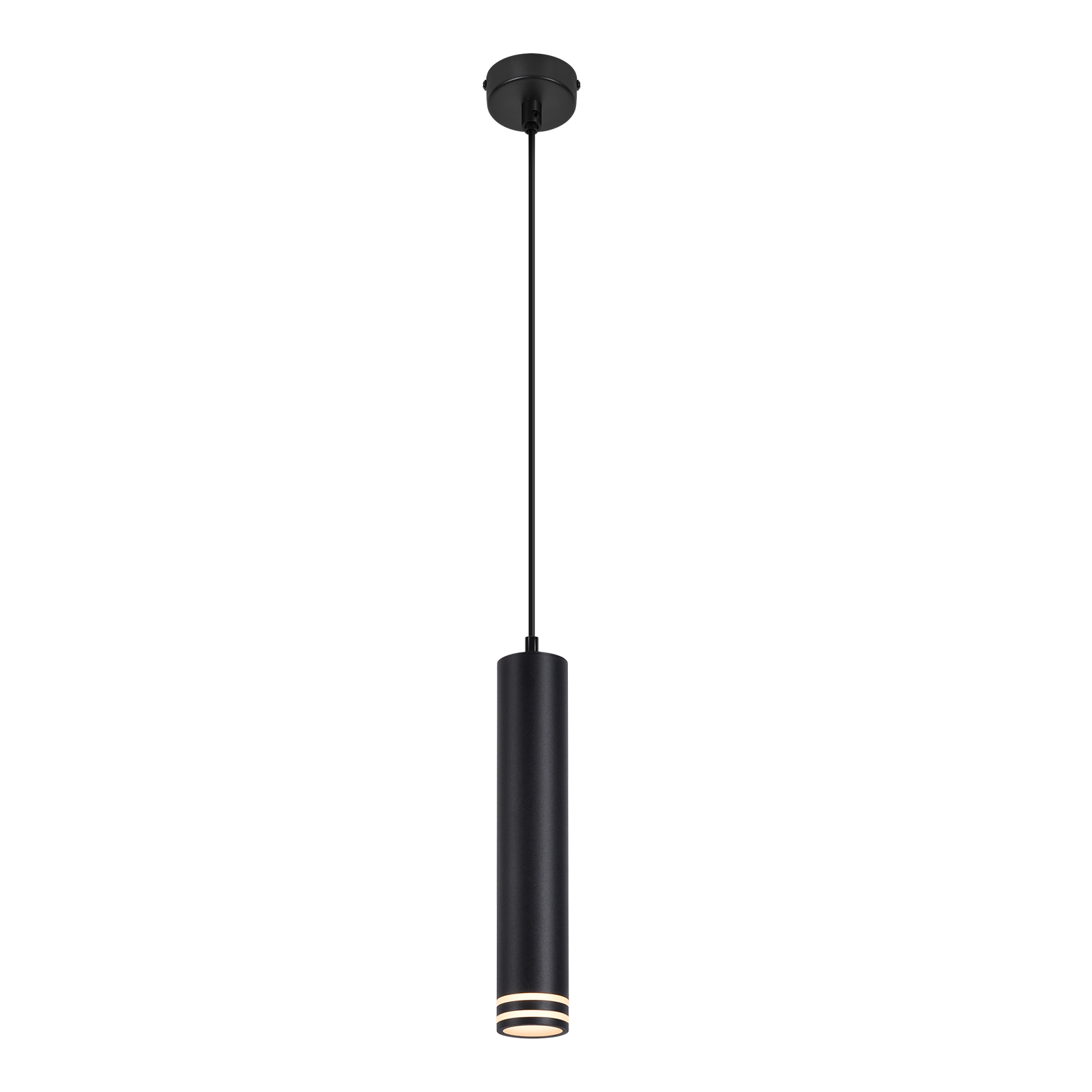 Una lampada a sospensione cilindrica nera pende dal soffitto. Ha un cavo nero ed emette luce dal basso.