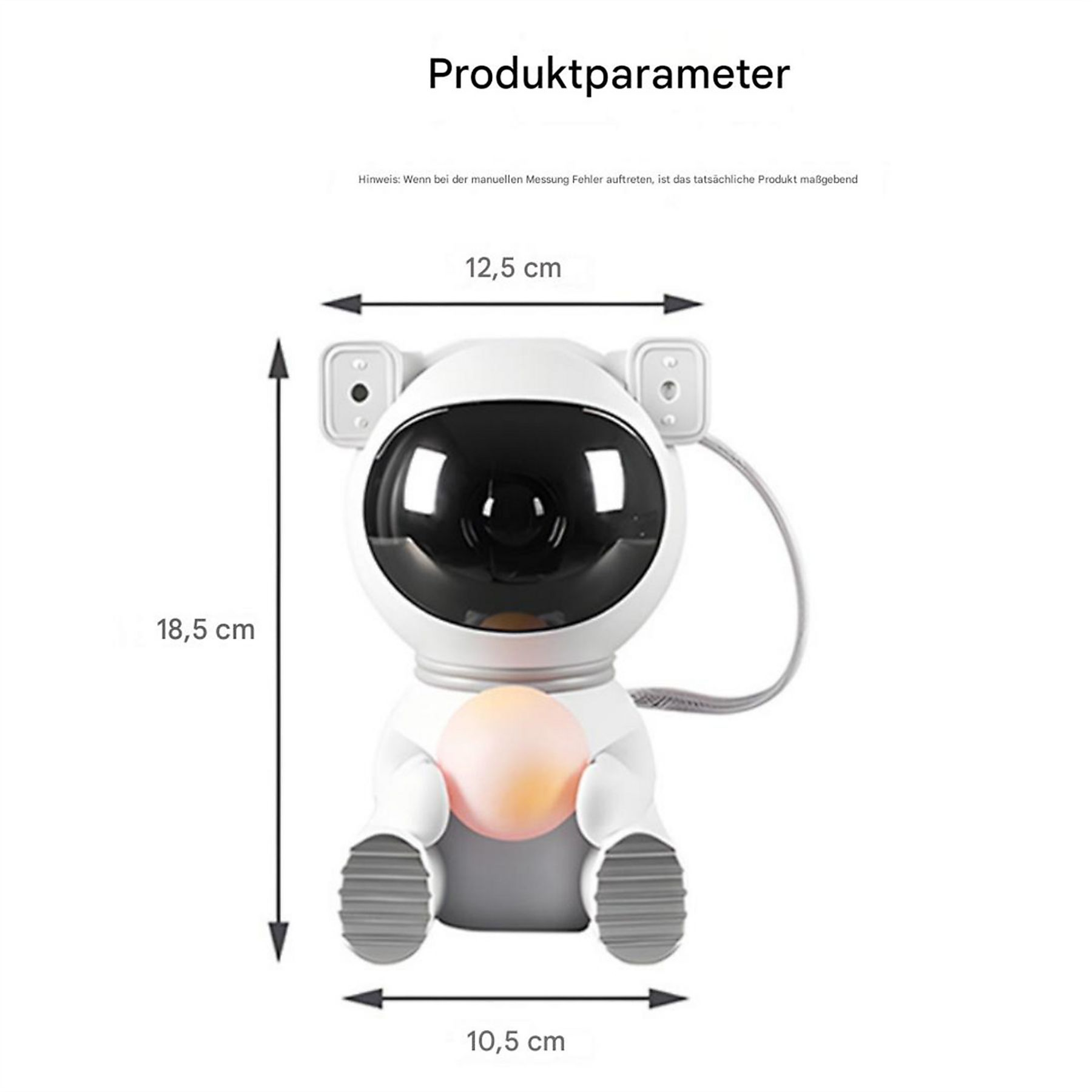 Weiße, astronautenförmige Lampe mit Maßangaben. Enthält Text: 'Produktparameter' und '12,5 cm', '18,5 cm' und '10,5 cm'.