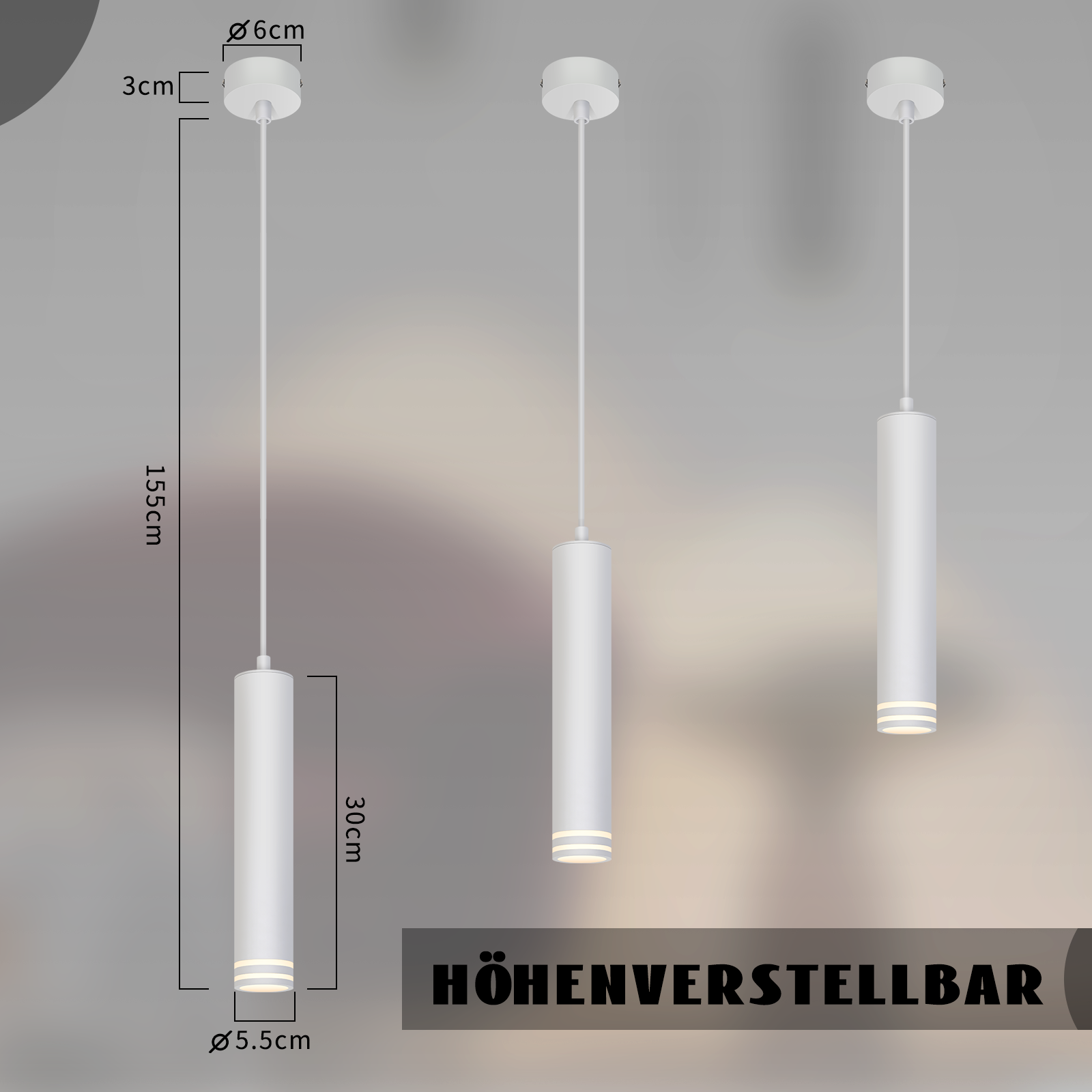 Drei weiße zylindrische Pendelleuchten. Abmessungen sind angegeben. Die Leuchten hängen von der Decke. Die Lampen haben einen leuchtenden Boden.
