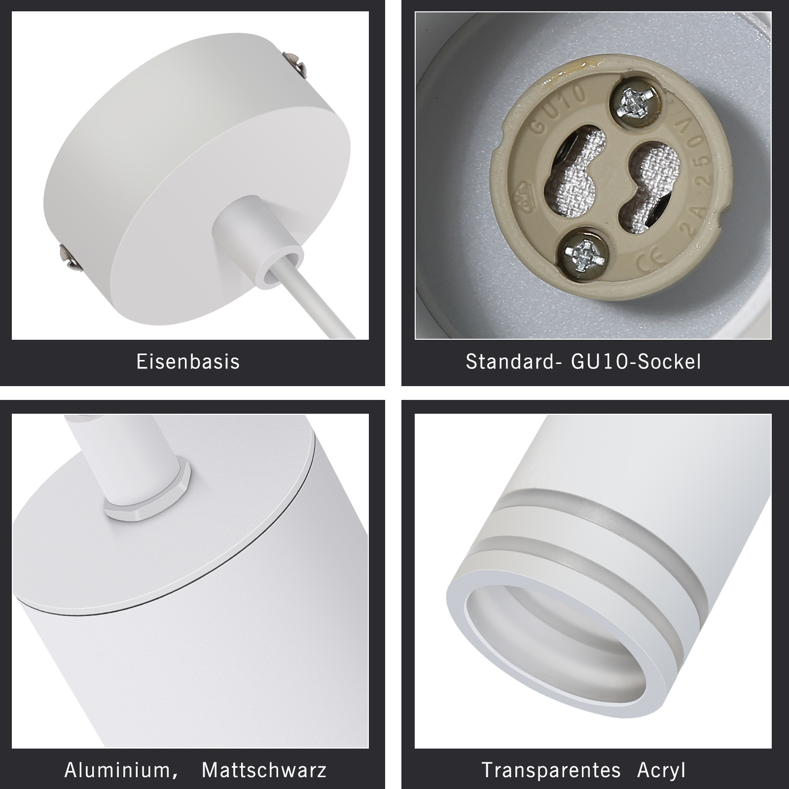 Bilder zeigen Teile einer Leuchte: Basis, GU10-Sockel, Aluminiumteil und transparenten Acrylteil.