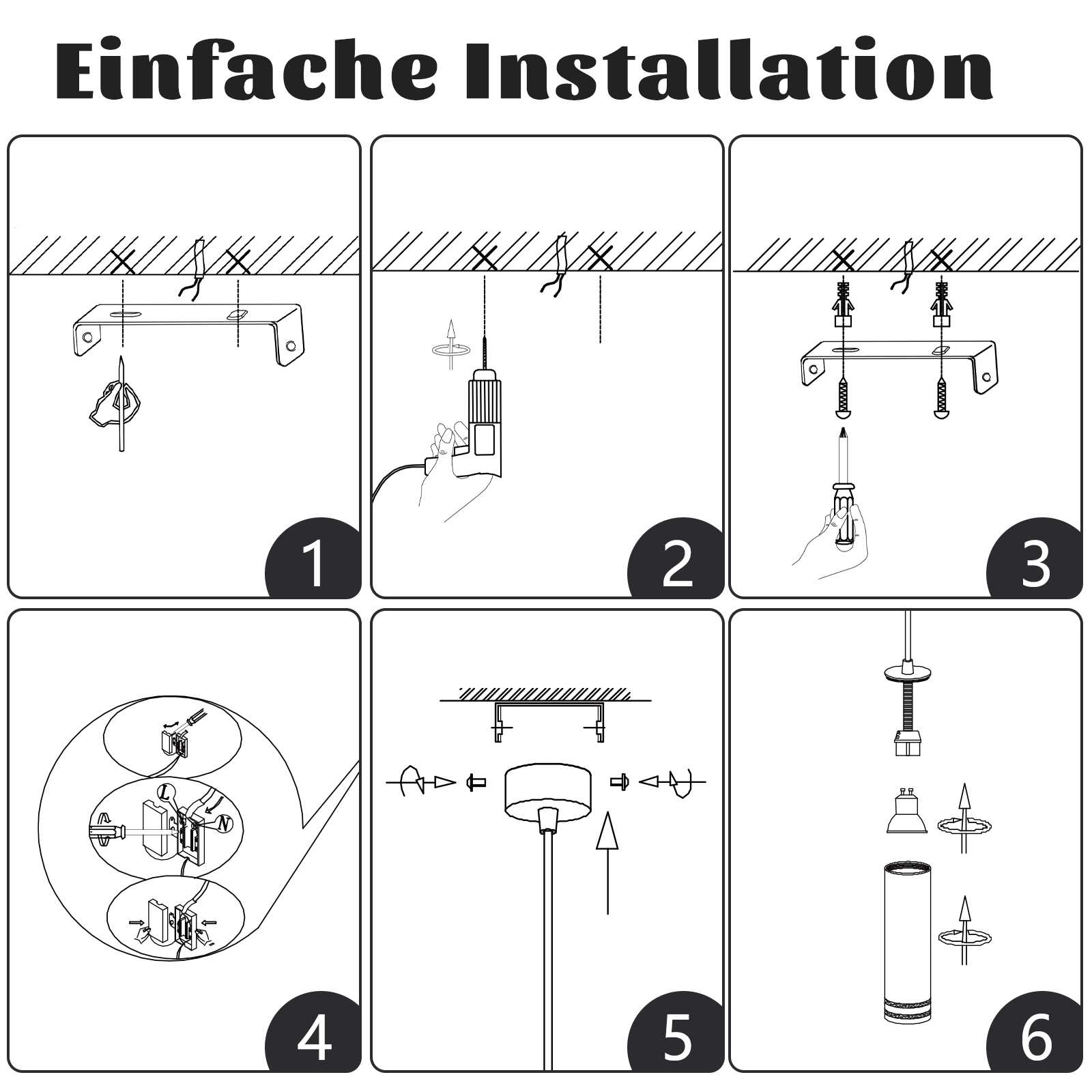 Schritt-für-Schritt-Installationsanleitung. Zeigt Montagehalterung, Einschrauben von Drähten und Zusammenbau einer Lampe.