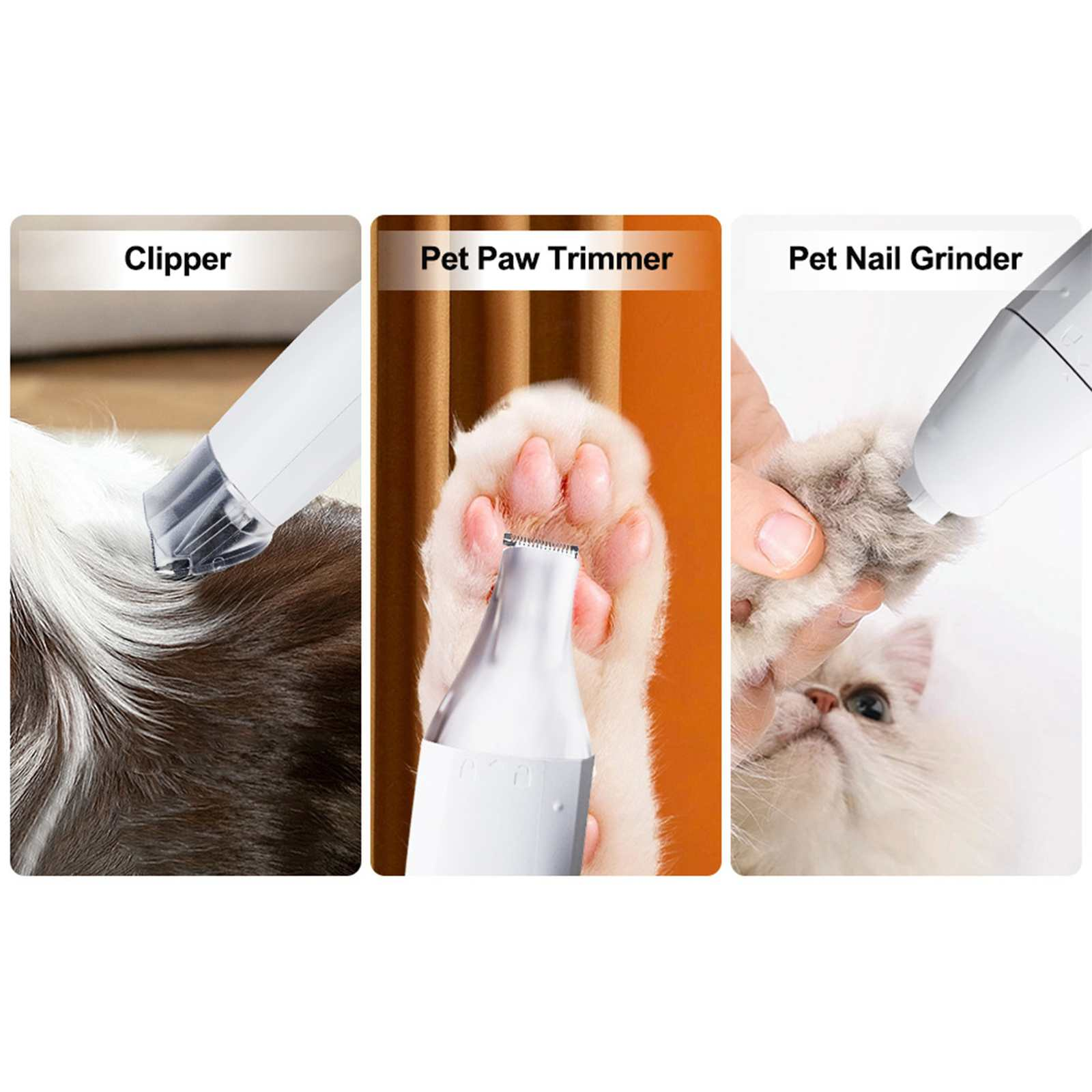 Das Bild zeigt drei Tierpflege-Werkzeuge: Clipper, Pfoten-Trimmer und Nagel-Schleifer. Sie werden bei einem Hund, einer Katzenpfote und einer Katze verwendet.