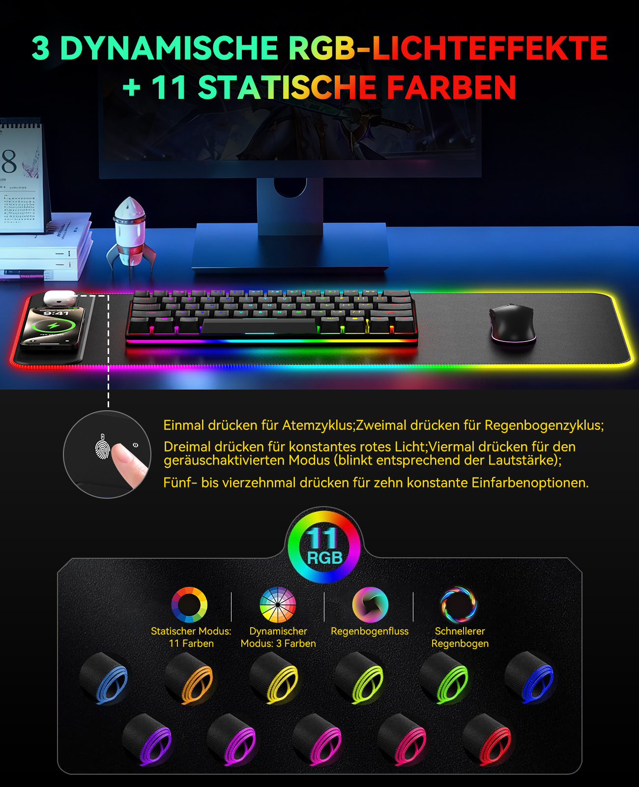 Gaming-Setup mit Tastatur, Maus und Mauspad mit RGB-Beleuchtung. Ein Smartphone wird auf dem Mausp









ad geladen. Ein Schreibtischkalender und eine Rakete sind ebenfalls sichtbar.