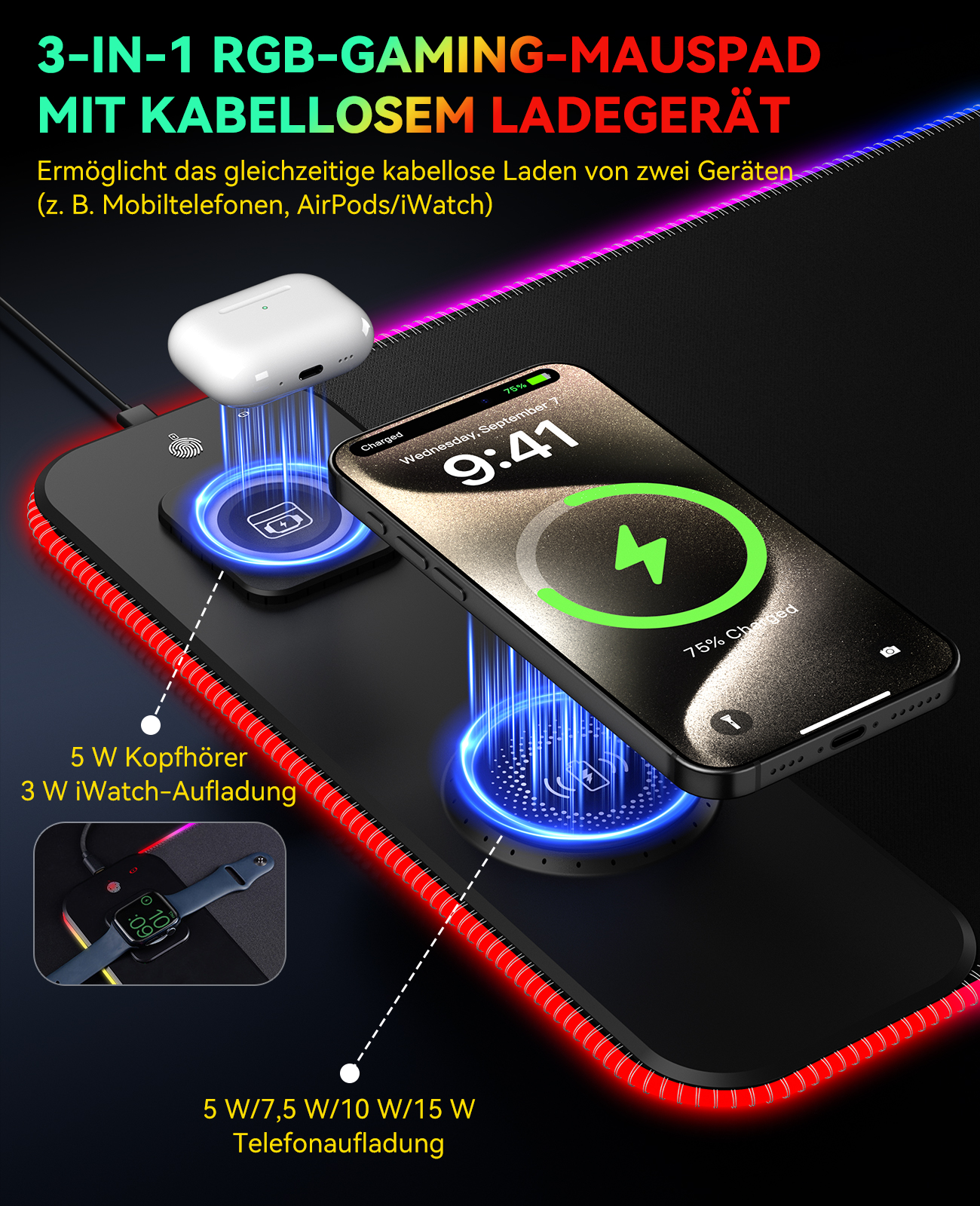 Ein schwarzes Mauspad mit Telefon, Ohrhörern und Uhr, die kabellos aufgeladen werden. Es hat einen roten Rand und blaue Lichter.