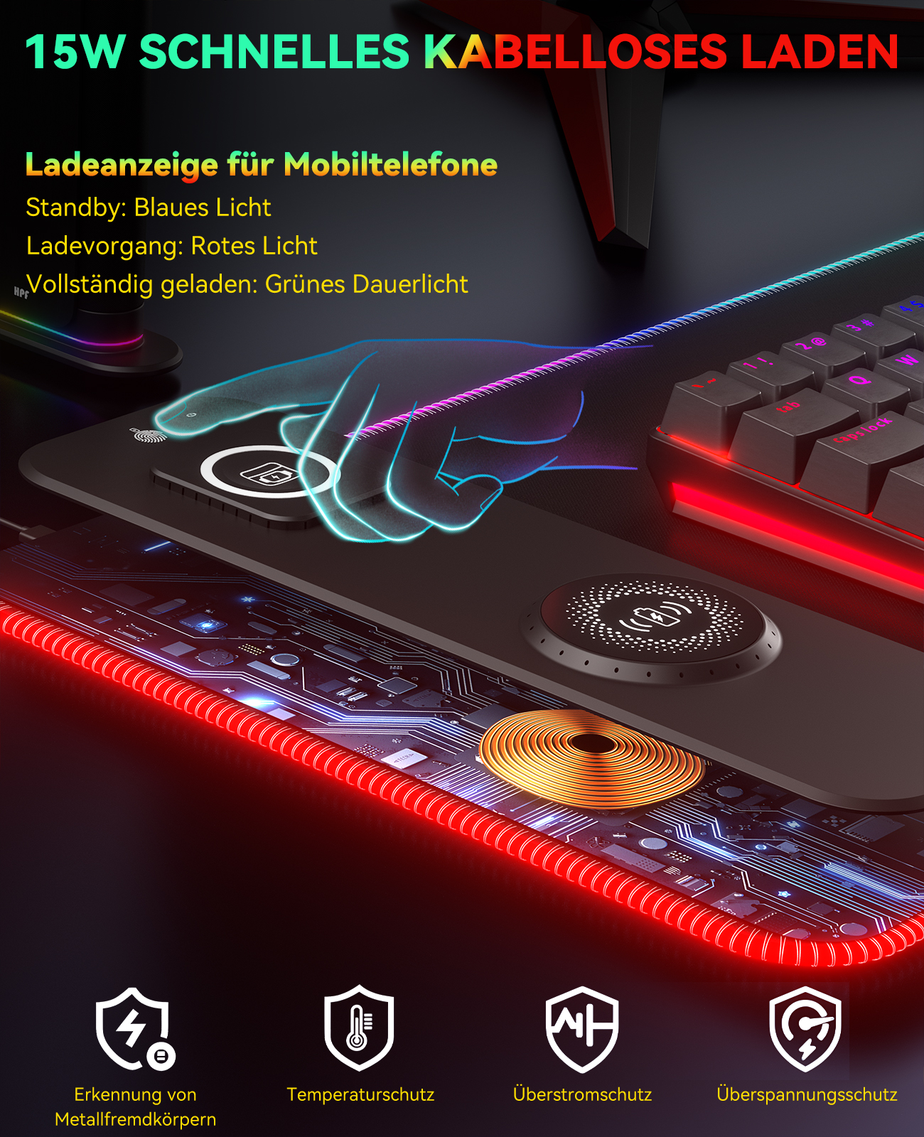 Kabelloses Ladegerät mit leuchtendem roten Rand, Tastatur und Statusanzeigen. Texte auf Deutsch, einschließlich "15W kabelloses Laden".