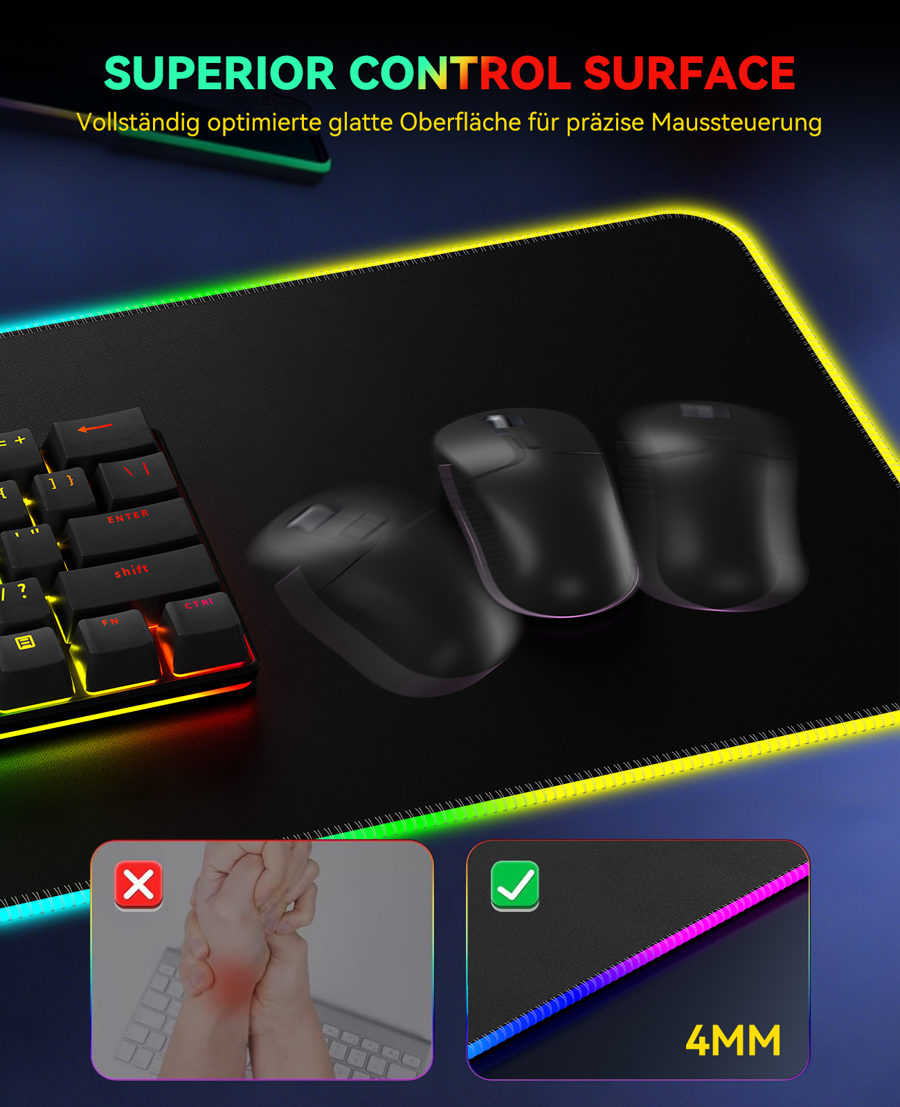 Ein schwarzes Mauspad mit drei schwarzen Mäusen, einer Tastatur und dem Text 'Superior Control Surface'.