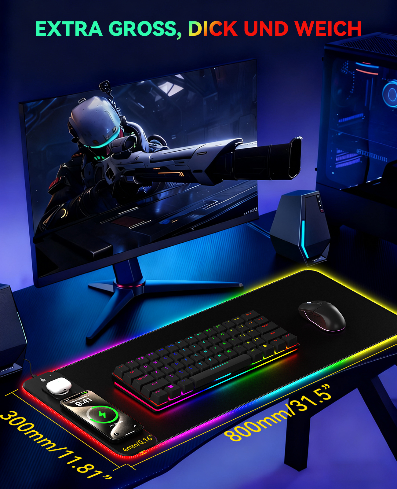 Gaming-Setup mit Monitor, Tastatur, Maus und Ladepad. Überlagerter Text lautet 'EXTRA GROSS, DICK UND WEICH'.