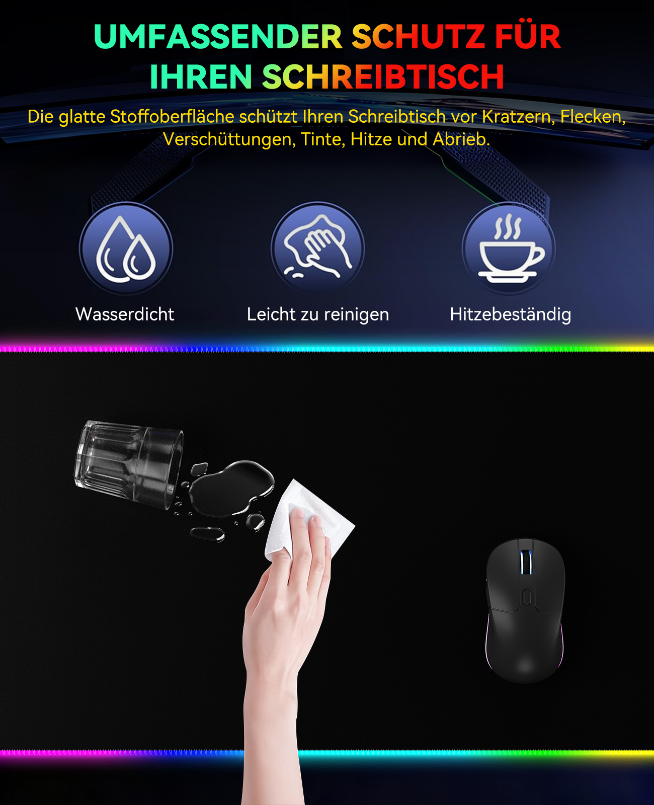 Das Bild zeigt eine Schreibtischunterlage. Ein verschüttetes Glas Wasser, eine Hand, die es mit einem Tuch abwischt, und eine Maus sind darauf.