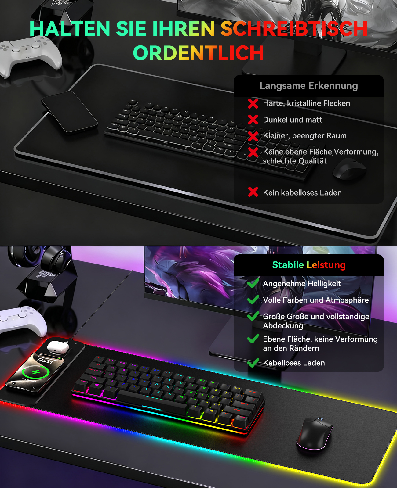 Ein Schreibtisch-Setup mit Tastatur, Maus, Telefon und Ladepad. Das Pad und die Tastatur haben bunte LED-Leuchten.