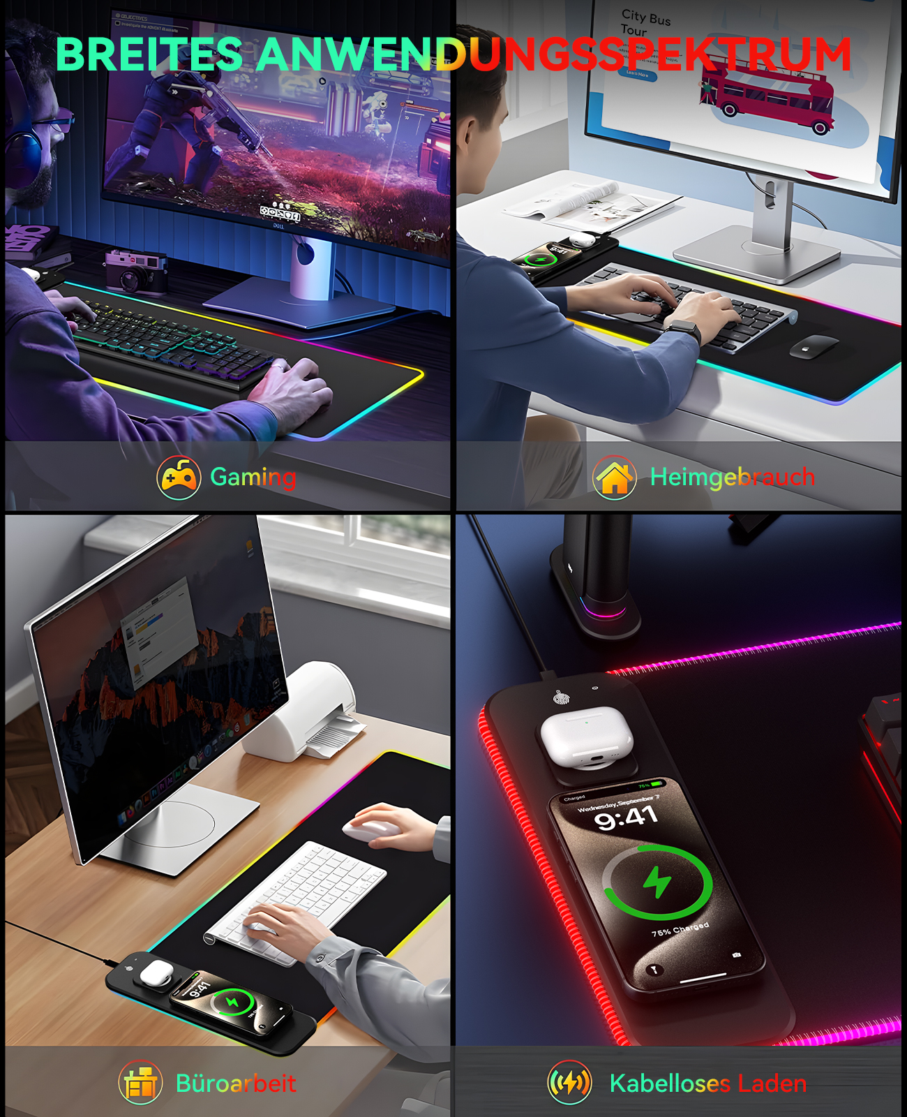 Das Bild zeigt Gaming, Heimgebrauch, Büroarbeit und kabelloses Laden mit farbenfrohen LED-Mauspads und Ladestationen.