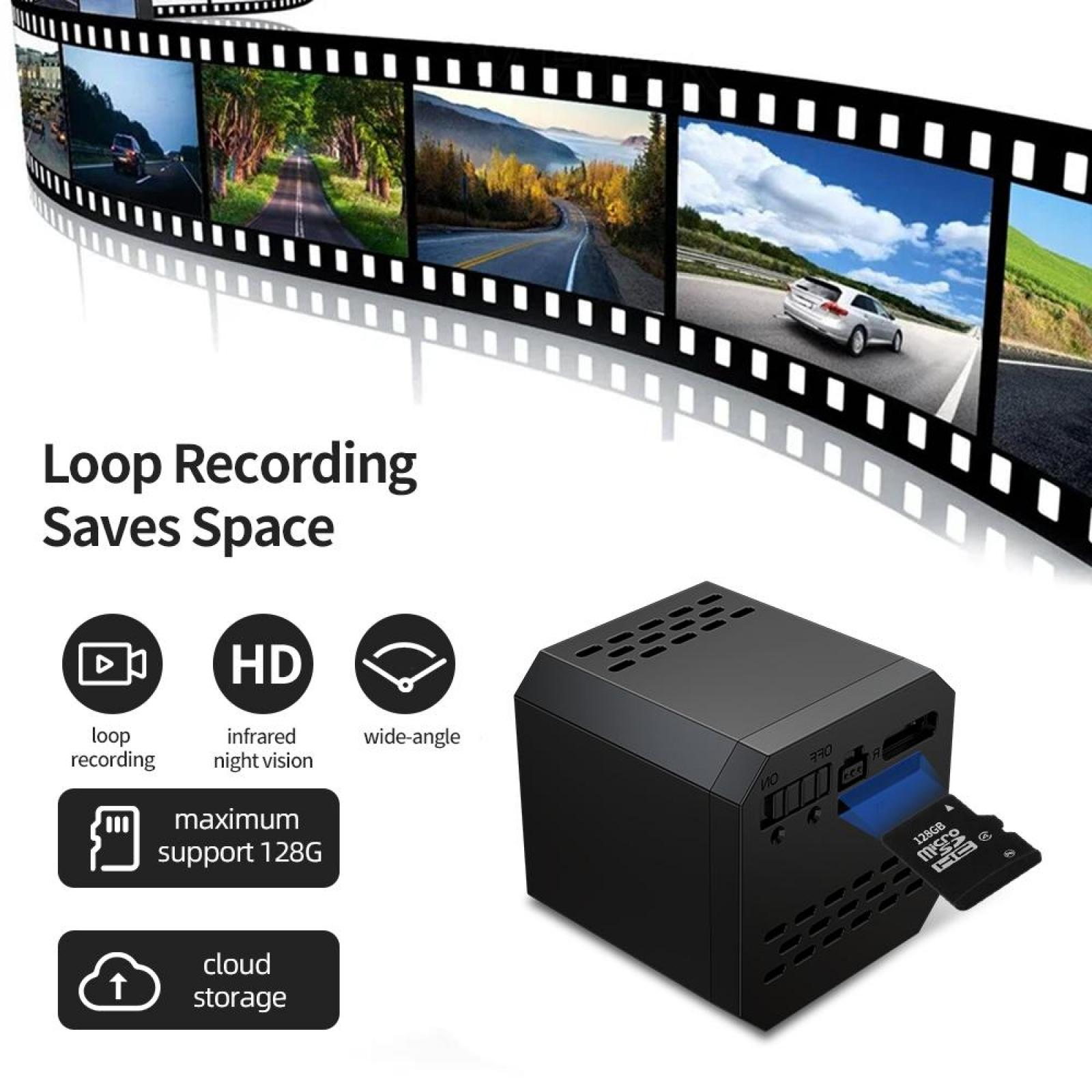 Schwarze Dashcam mit Speicherkarte, Filmstreifen darüber. Eigenschaften: Loop-Aufnahme, Infrarot-Nachtsicht, Weitwinkel, max. 128G, Cloud-Speicher.
