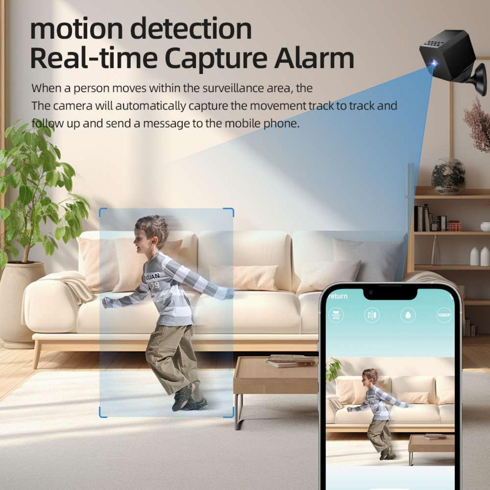 Ein Kind rennt in einem Wohnzimmer, aufgenommen von einer Überwachungskamera, mit einem Telefon, das die gleiche Ansicht zeigt.
