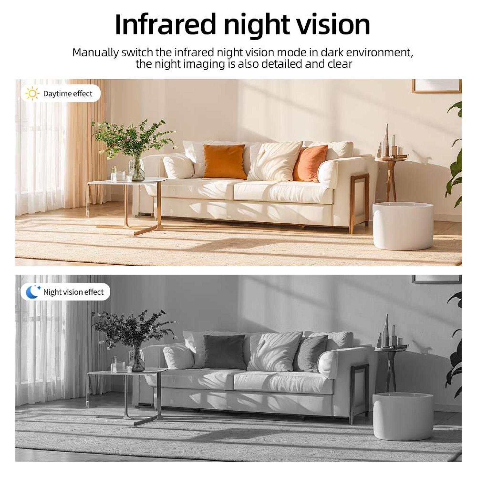 Ein Wohnzimmer mit weißem Sofa, orangefarbenen Kissen, Pflanzen und einem Tisch. Das obere Bild ist farbig, das untere in Graustufen.