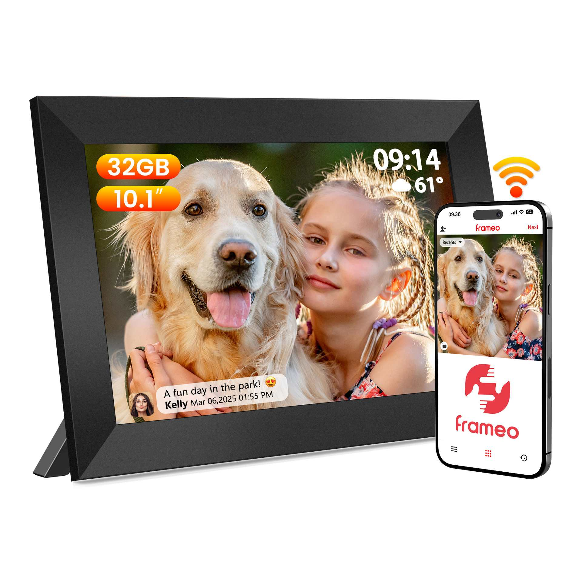 Digitaler Fotorahmen zeigt ein Mädchen und einen Golden Retriever. Ein Telefon zeigt dasselbe Bild. Rahmendetails: 32 GB, 10,1 Zoll.