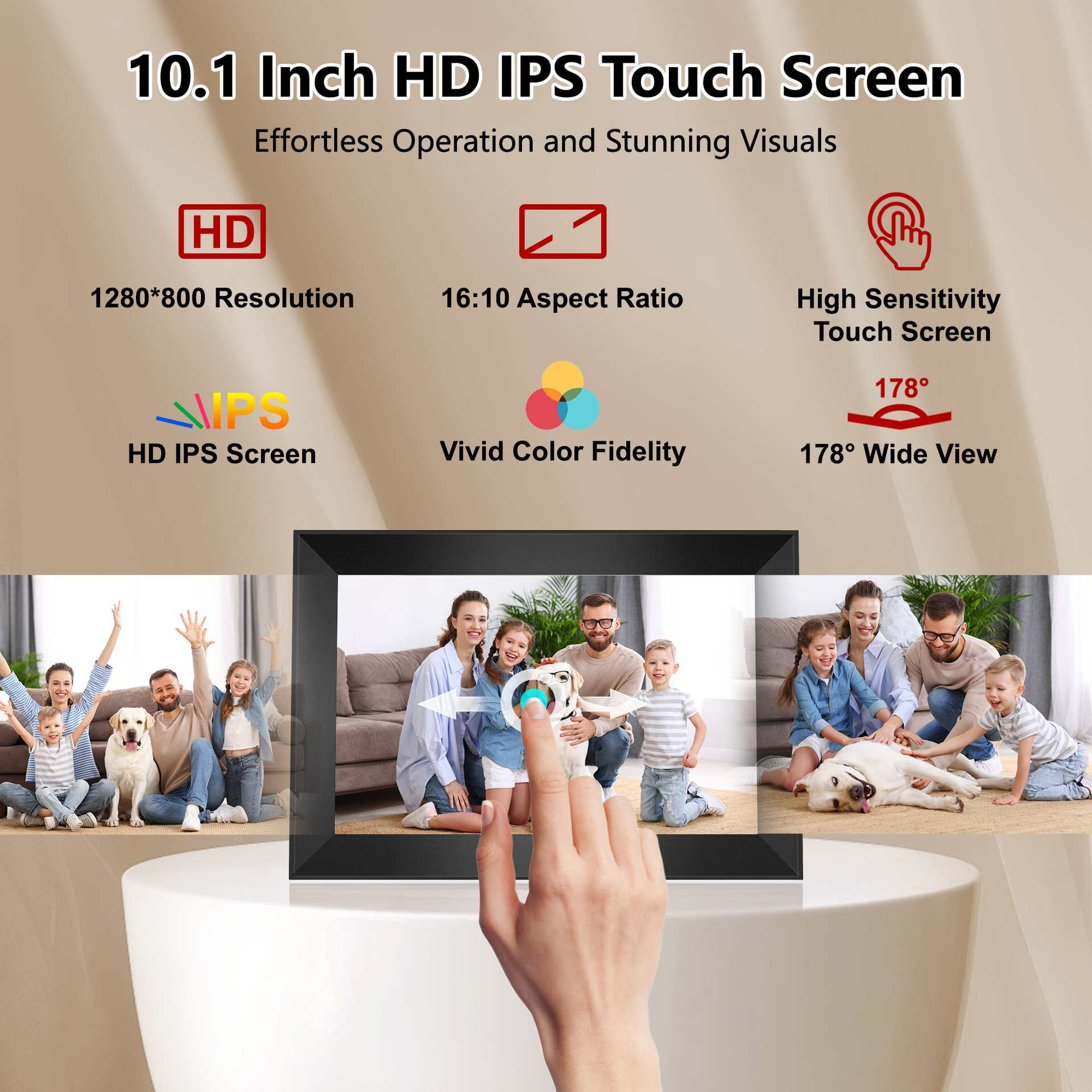 Digitaler Bilderrahmen mit Familienfotos. Merkmale sind HD-Bildschirm, Touchscreen und lebendige Farbtreue.