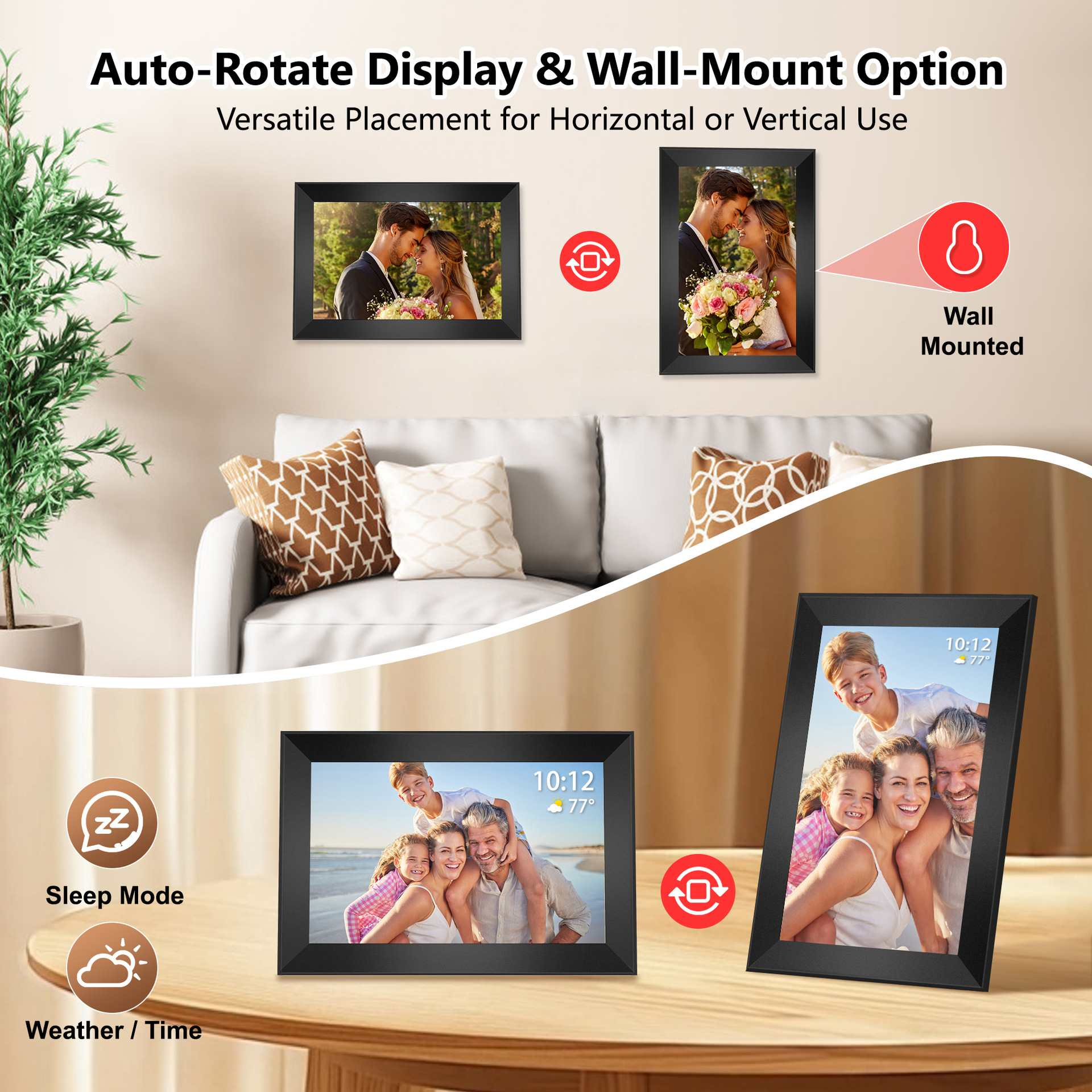 Digitale Fotorahmen auf einem Tisch und an der Wand, mit Funktionen wie Auto-Rotation und Wandmontage.