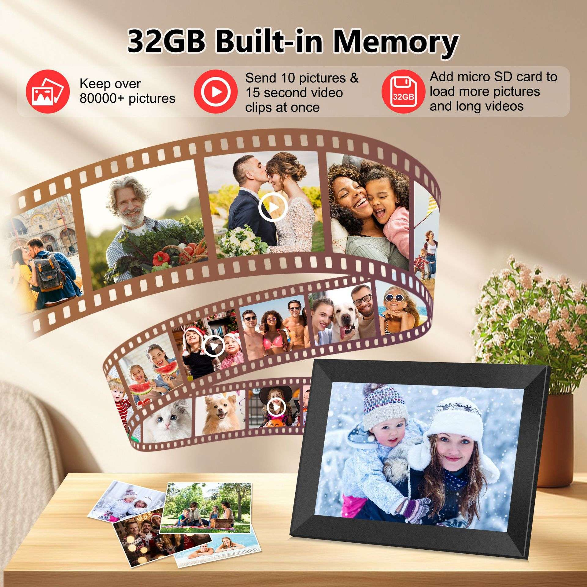 Ein digitaler Fotorahmen mit schwarzem Rand zeigt eine Winterszene. Ein Filmstreifen zeigt verschiedene Fotos. Text: 32GB eingebauter Speicher.
