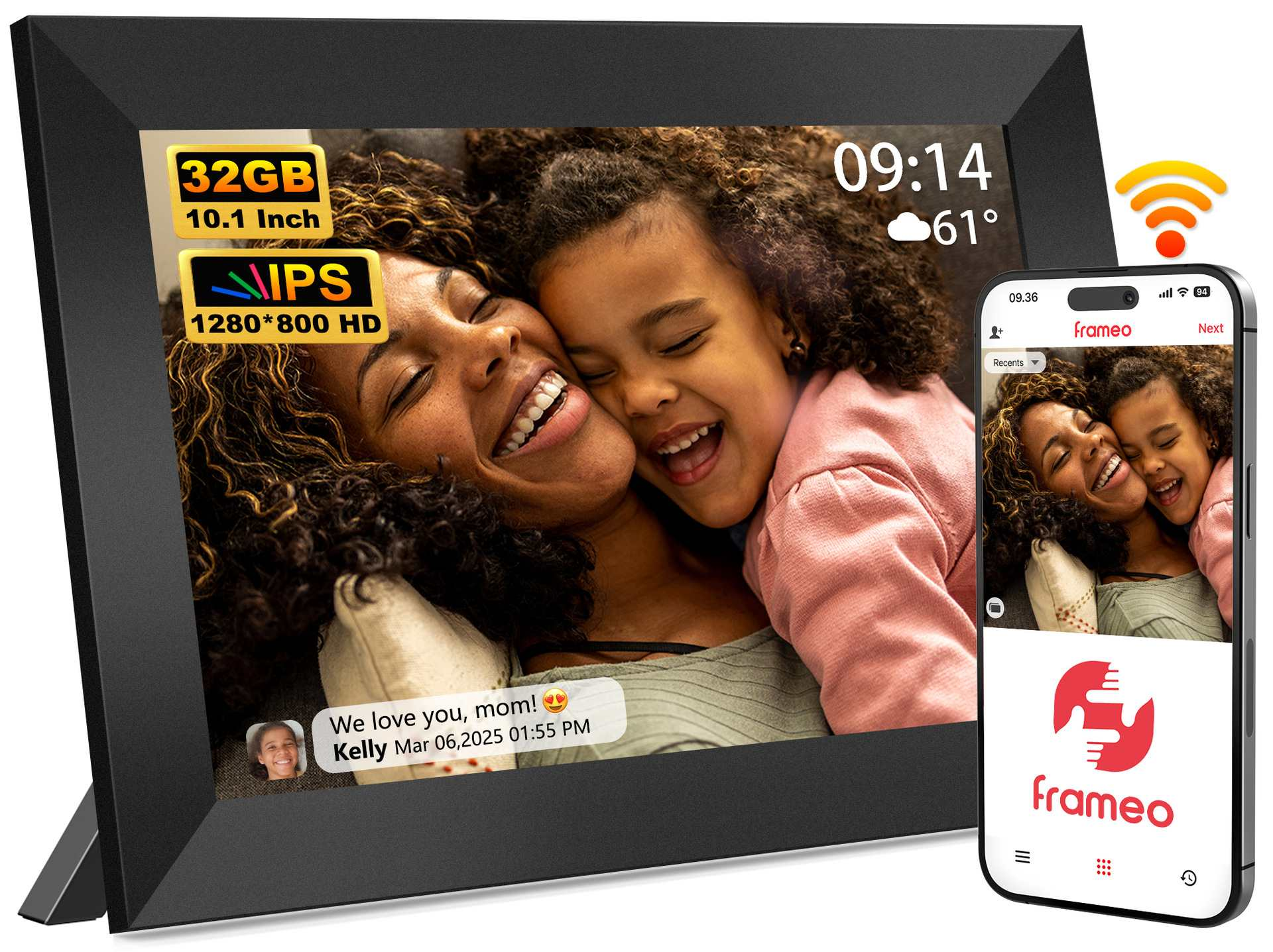 Ein digitaler Bilderrahmen zeigt eine lächelnde Mutter und Tochter. Ein Smartphone zeigt dasselbe Foto. Text lautet: 'Wir lieben dich, Mama!'