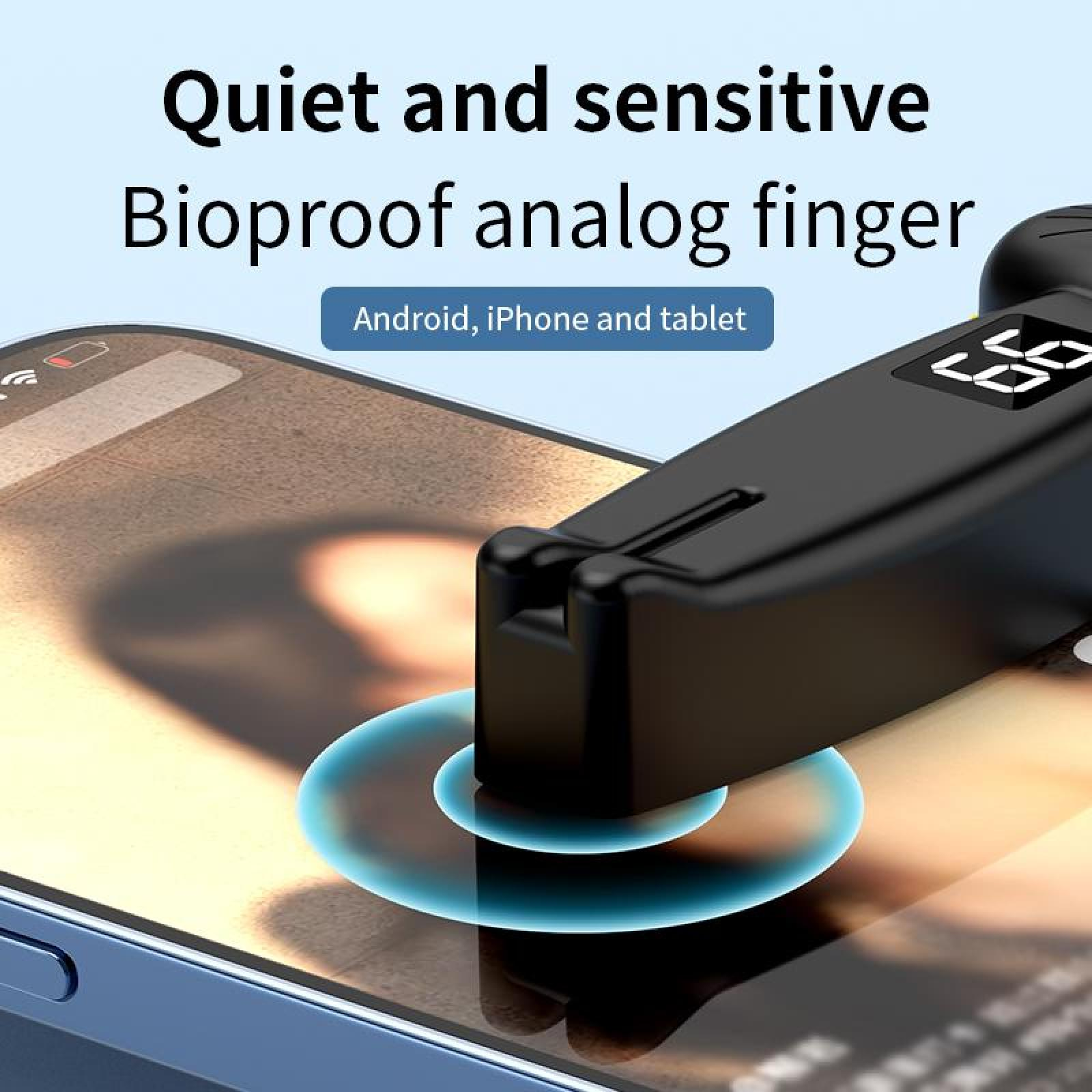Ein schwarzes Gerät liegt auf einem Telefonbildschirm. Der Text lautet 'Quiet and sensitive Bioproof analog finger' und 'Android, iPhone and tablet'.