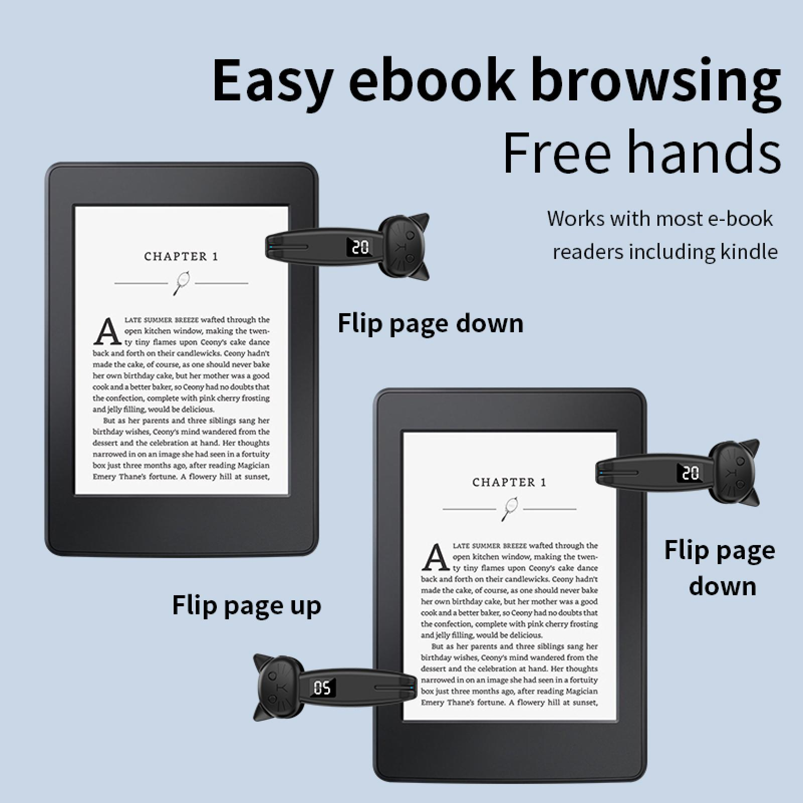 Zwei E-Reader zeigen Text. Einer hat ein Gerät zum Umblättern. Text: Einfaches E-Book-Browsing, freie Hände. Funktioniert mit den meisten E-Readern.