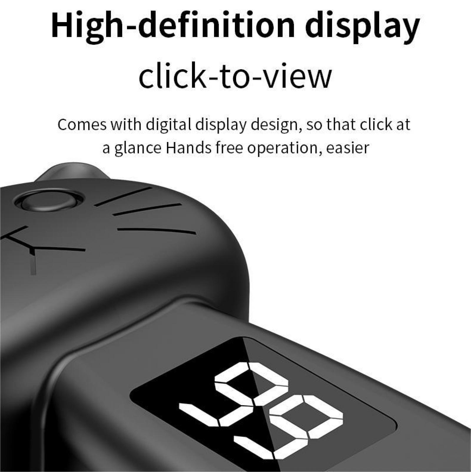 Ein schwarzes Gerät mit Digitalanzeige, die '99' zeigt. Darüber steht: 'High-definition display click-to-view'.