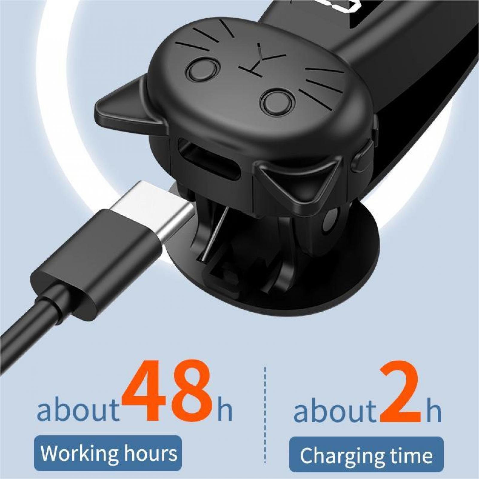 Schwarzes, katzenförmiges Gerät mit Ladekabel. Es zeigt 48 Stunden Arbeitszeit und 2 Stunden Ladezeit.