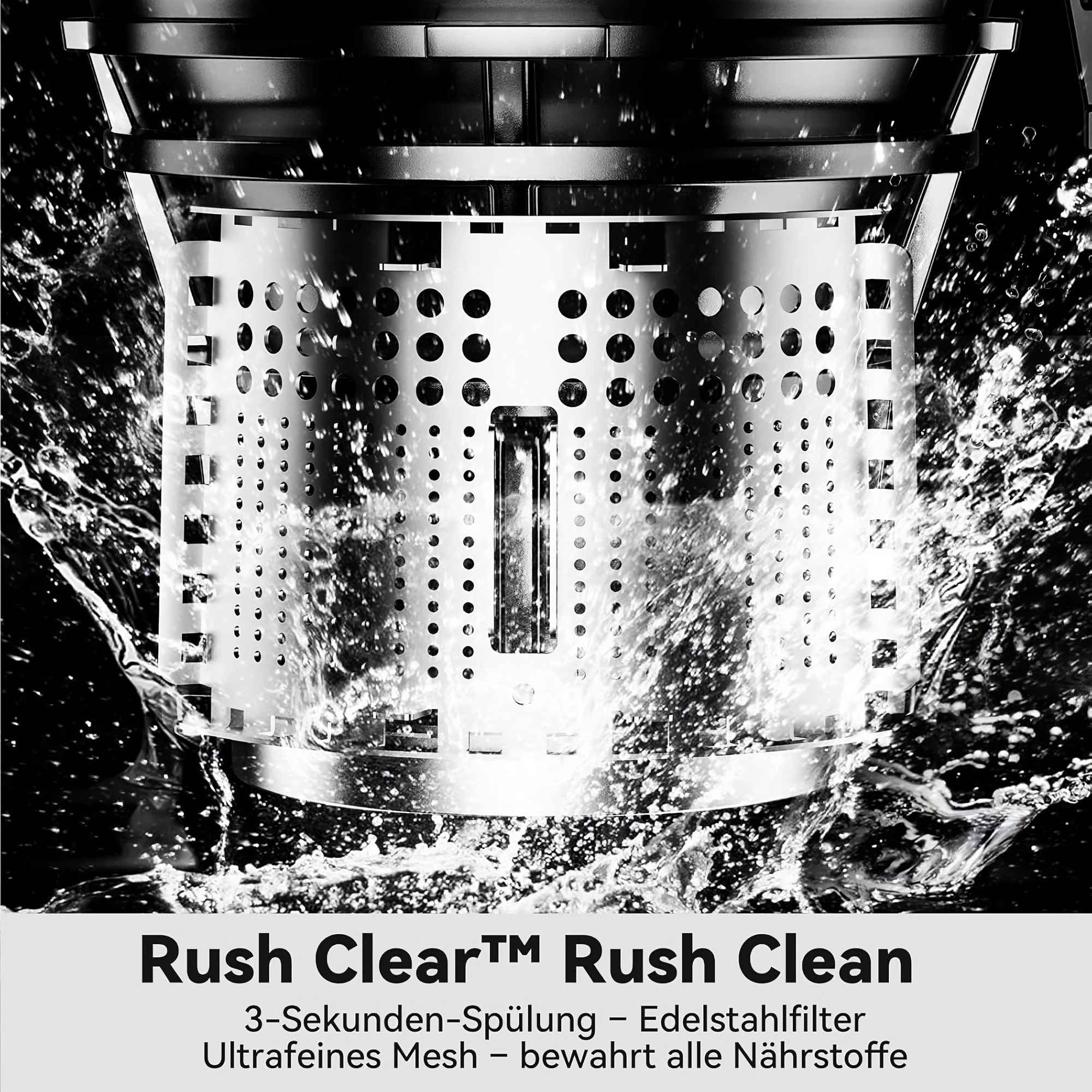 Nahaufnahme eines Edelstahl-Mesh-Filters mit spritzendem Wasser. Der Text 'Rush Clear Rush Clean' befindet sich unten.