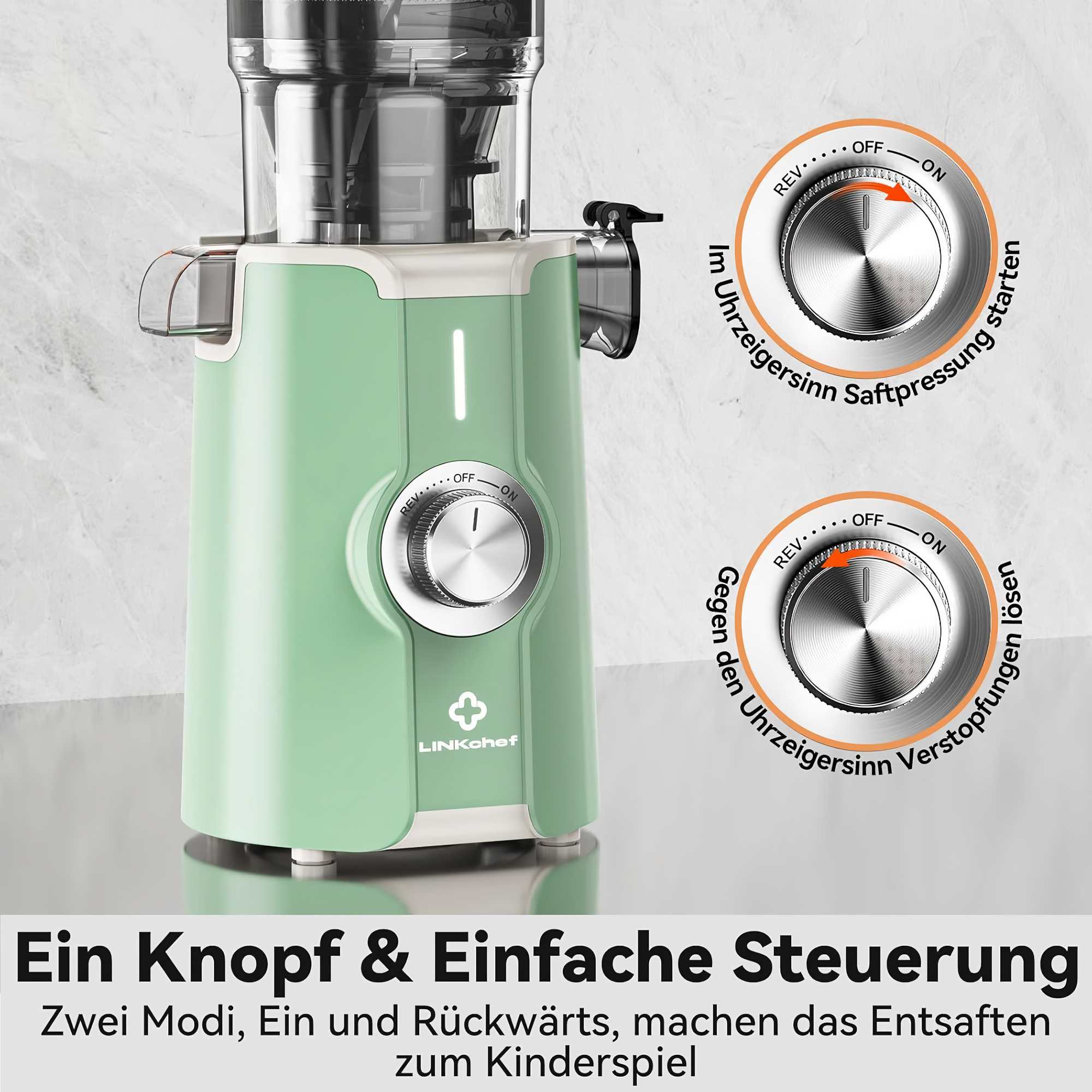 Grüner Entsafter mit Drehknöpfen, einer für Saft, der andere zur Beseitigung von Verstopfungen. Text: Ein Knopf & einfache Steuerung.
