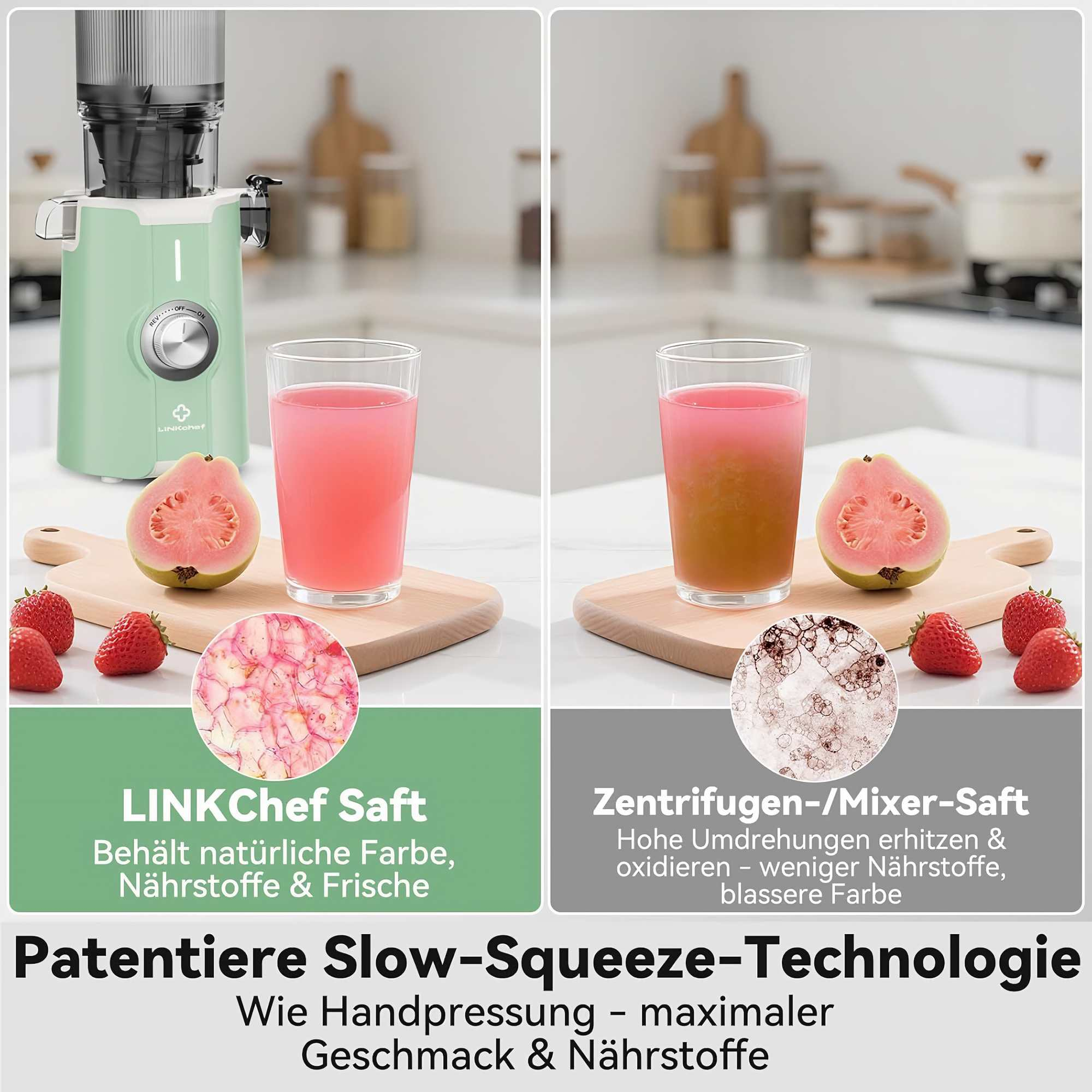 Das Bild zeigt einen Entsafter, zwei Gläser Saft, Guaven und Erdbeeren. Der Vergleich zeigt die Slow-Squeeze-Technologie des Entsafters.