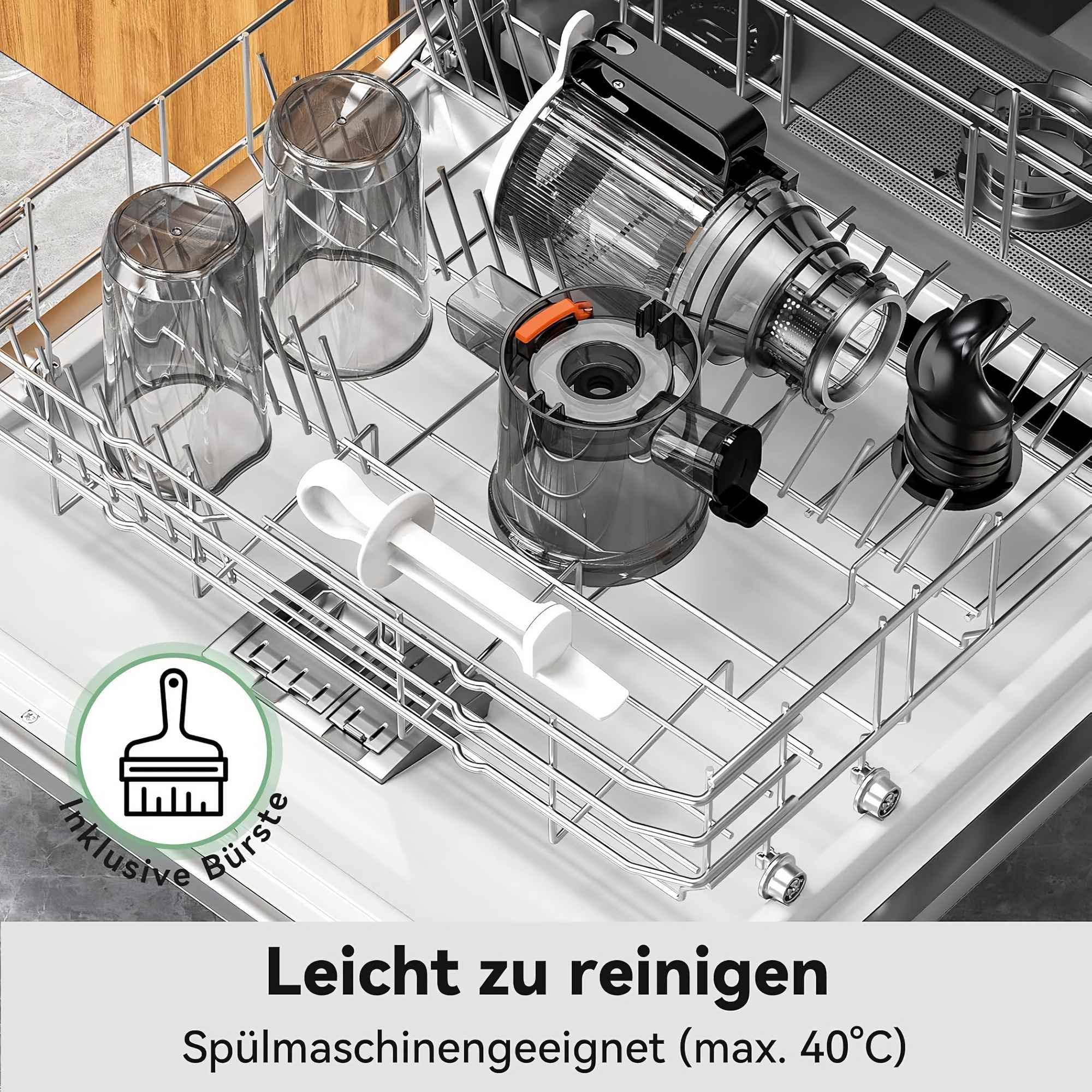 Geschirrspüler mit verschiedenen Teilen, Gläsern und einer Bürste. Text: Leicht zu reinigen, spülmaschinengeeignet (max. 40°C).