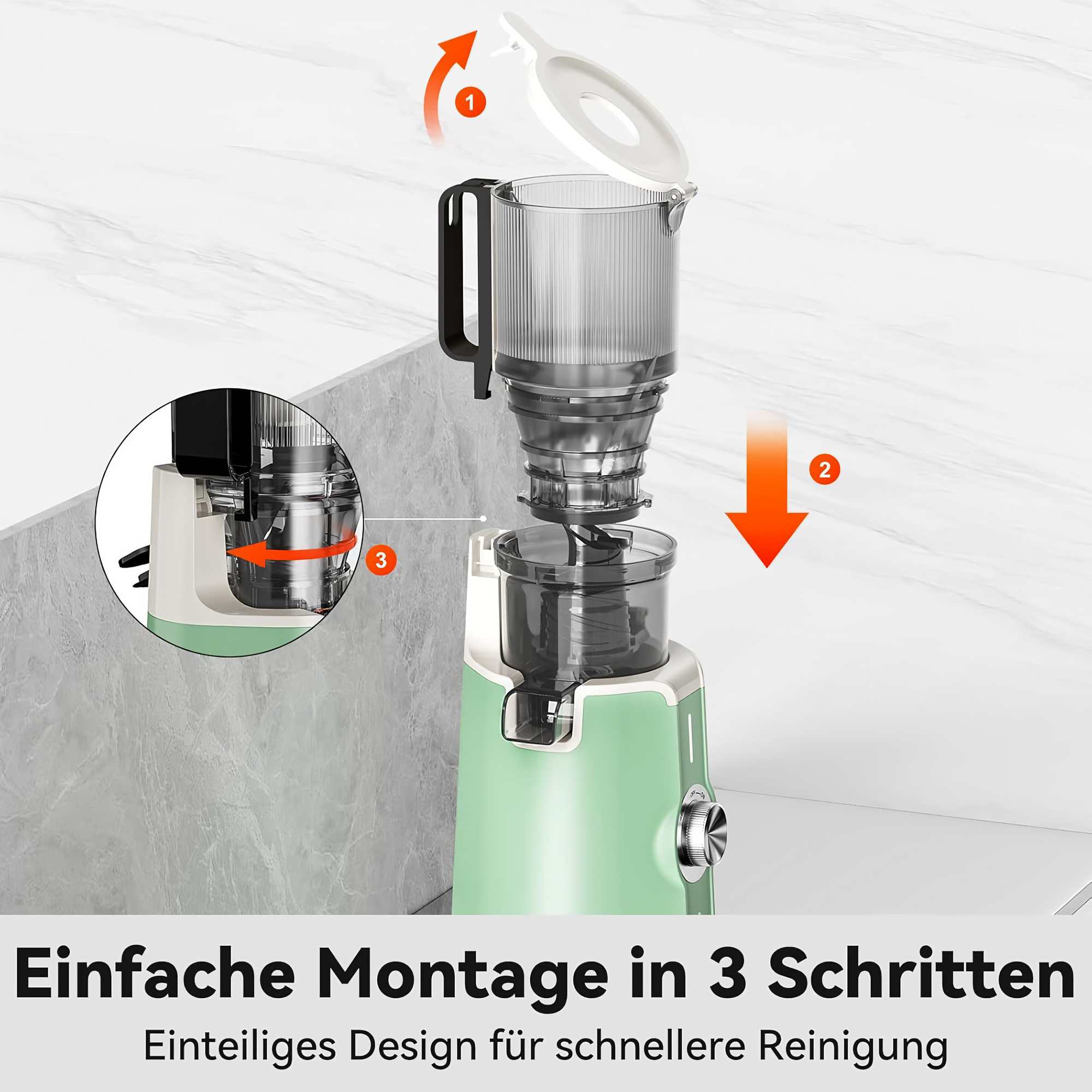 Der Zusammenbau des Entsafters wird mit Pfeilen gezeigt. 1: Deckel öffnen. 2: Teile anbringen. 3: Entsafter sichern.