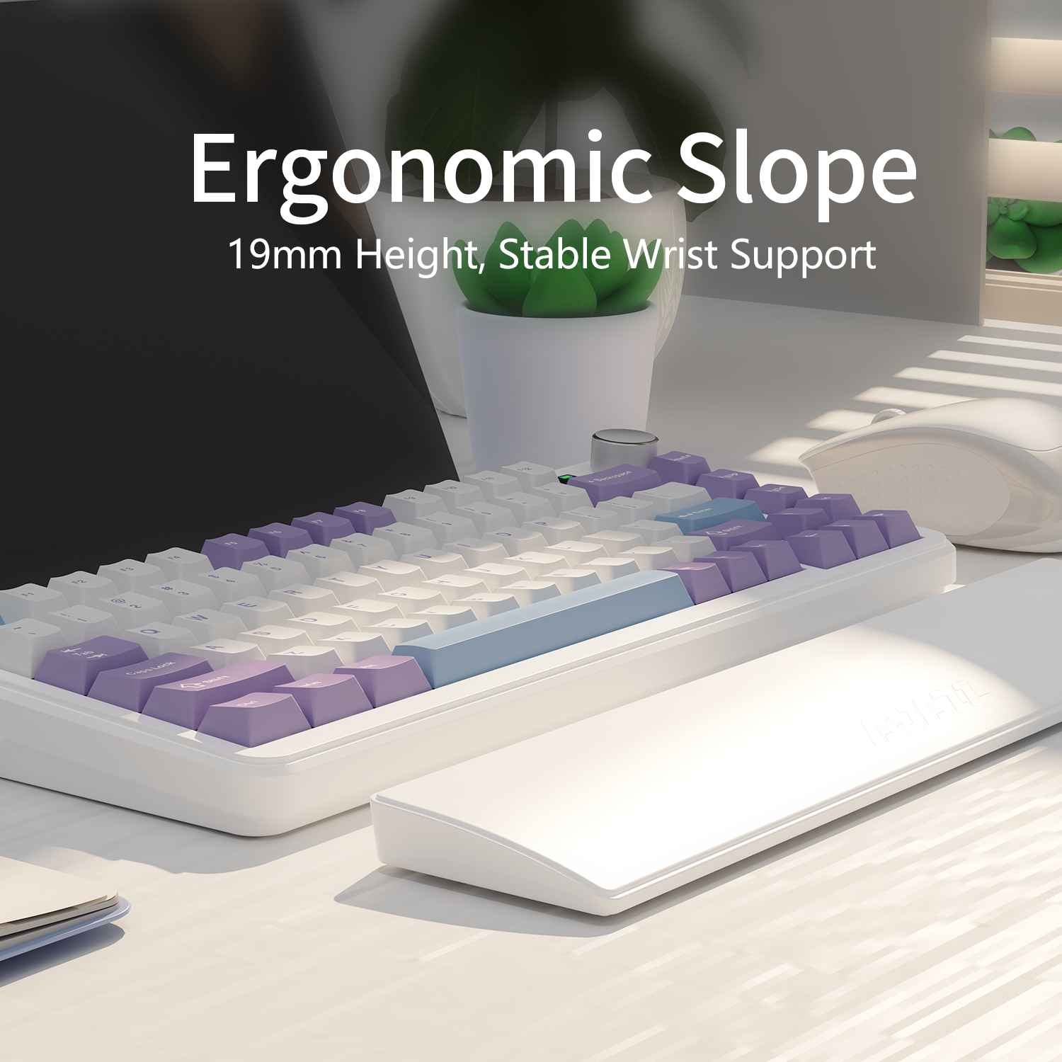 Eine weiße Tastatur mit lila und blauen Tasten, eine Handgelenkauflage, eine Maus und eine Pflanze in einem Topf liegen auf einer weißen Oberfläche.