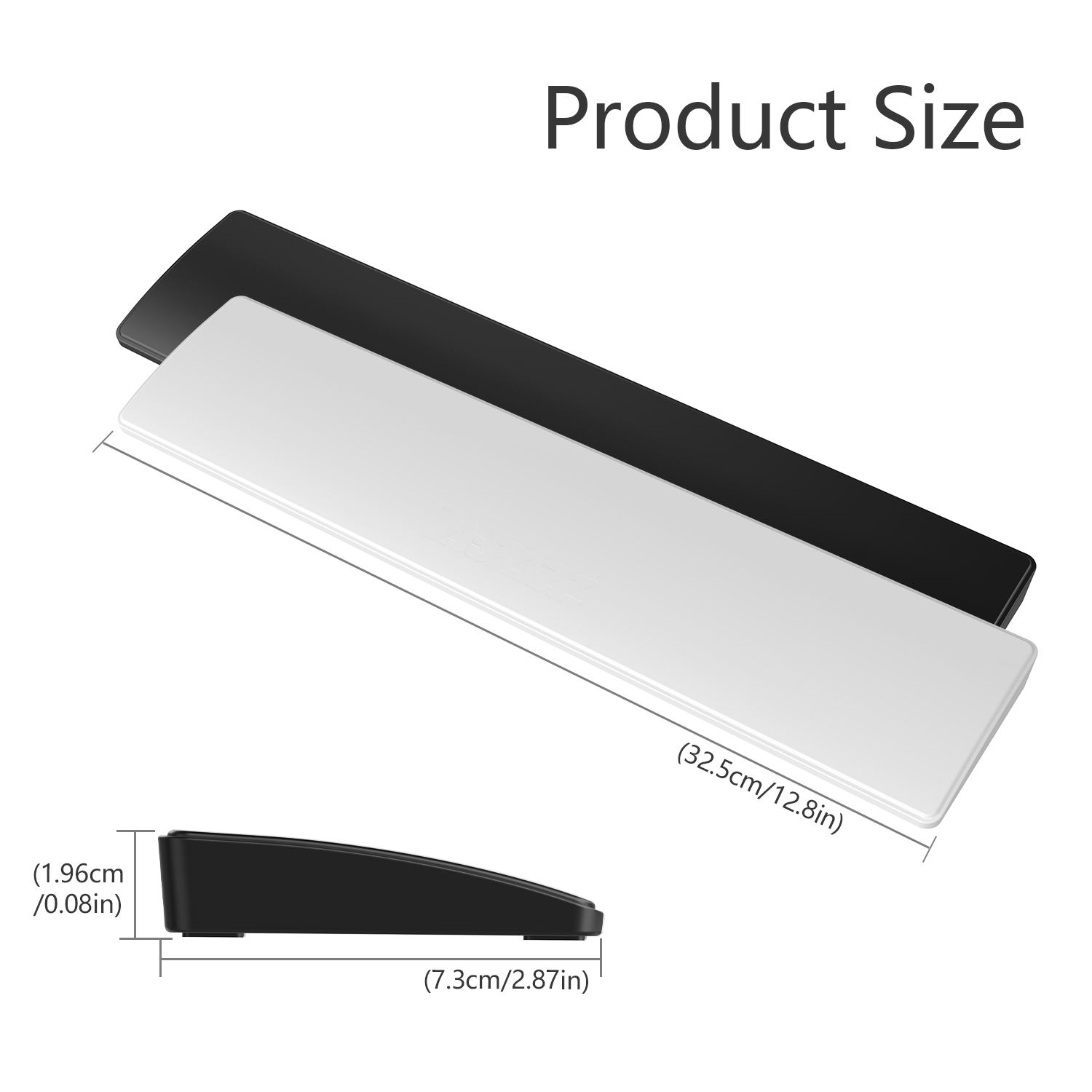 Diagramm zur Produktgröße. Zwei rechteckige Formen, weiß und schwarz, mit Abmessungen. Seitenansicht einer schwarzen, gebogenen Form mit Maßen.